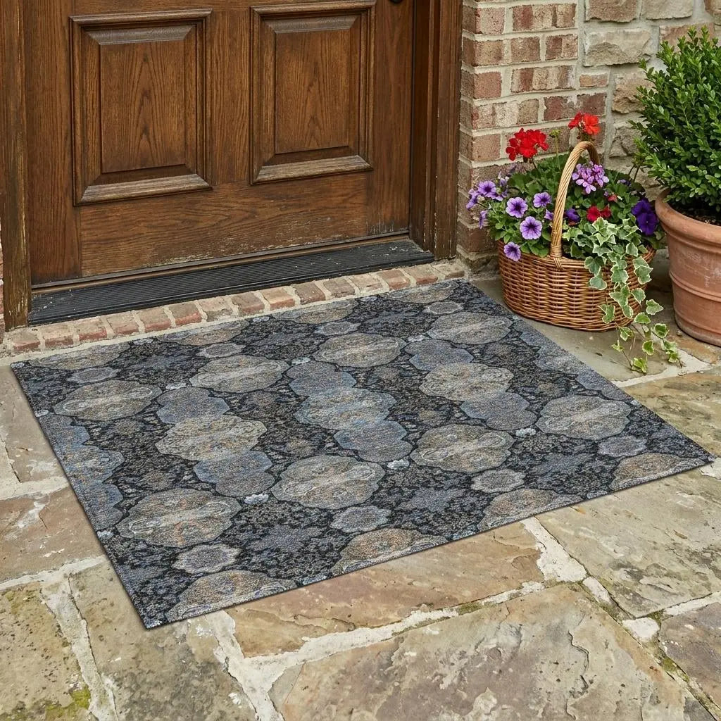 3' X 5' Black And Blue Floral Washable Indoor Outdoor Area Rug Homeroots Outdoor