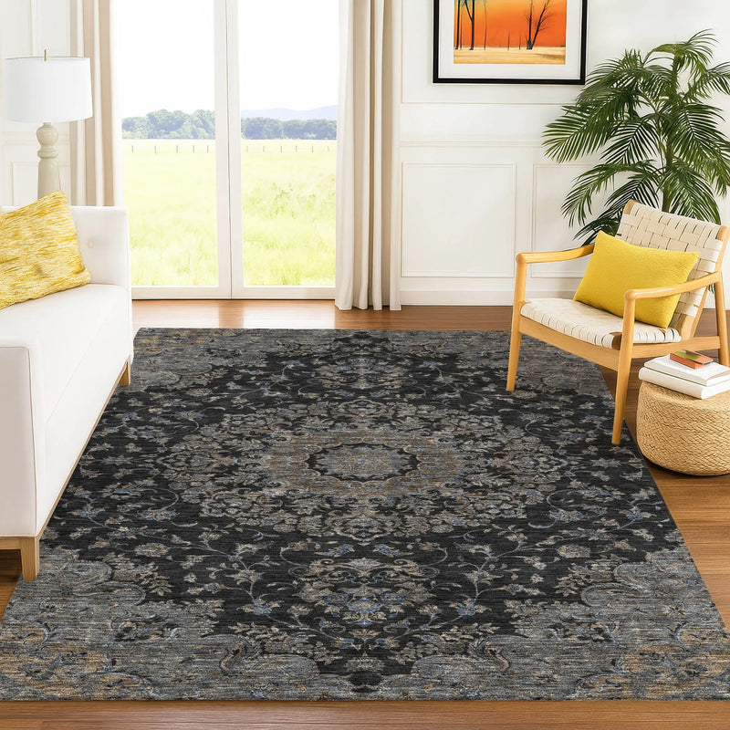 3' X 5' Black And Charcoal Floral Medallion Washable Indoor Outdoor Area Rug Homeroots Outdoor
