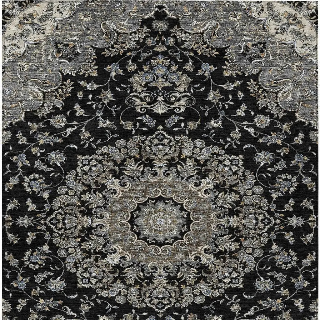 3' X 5' Black And Charcoal Floral Medallion Washable Indoor Outdoor Area Rug Homeroots Outdoor