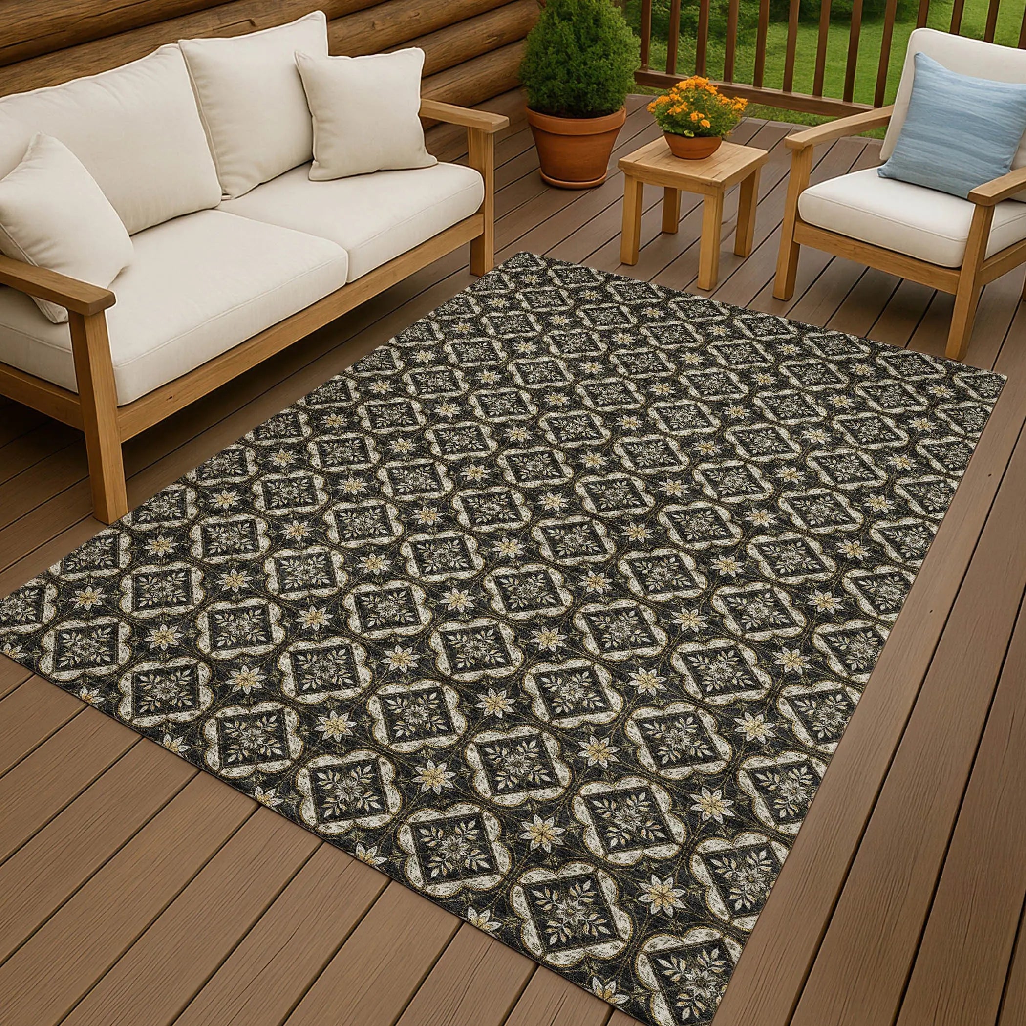 3' X 5' Black And Coffee Geometric Washable Indoor Outdoor Area Rug Homeroots Outdoor