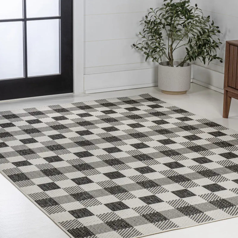 3' X 5' Black And Cream Geometric Indoor Outdoor Area Rug - GreatEagleInc