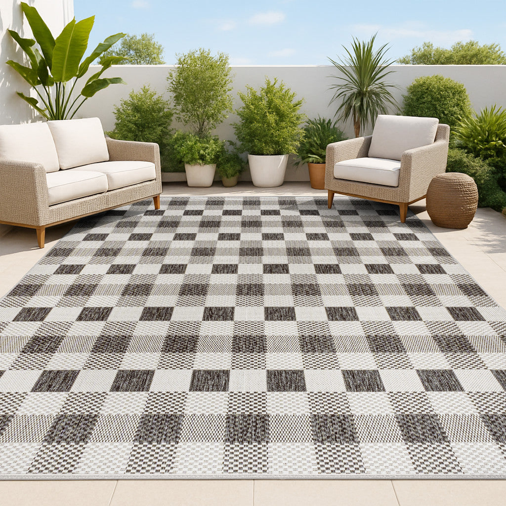 3' X 5' Black And Cream Geometric Indoor Outdoor Area Rug - GreatEagleInc