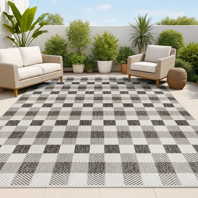 3' X 5' Black And Cream Geometric Indoor Outdoor Area Rug - GreatEagleInc
