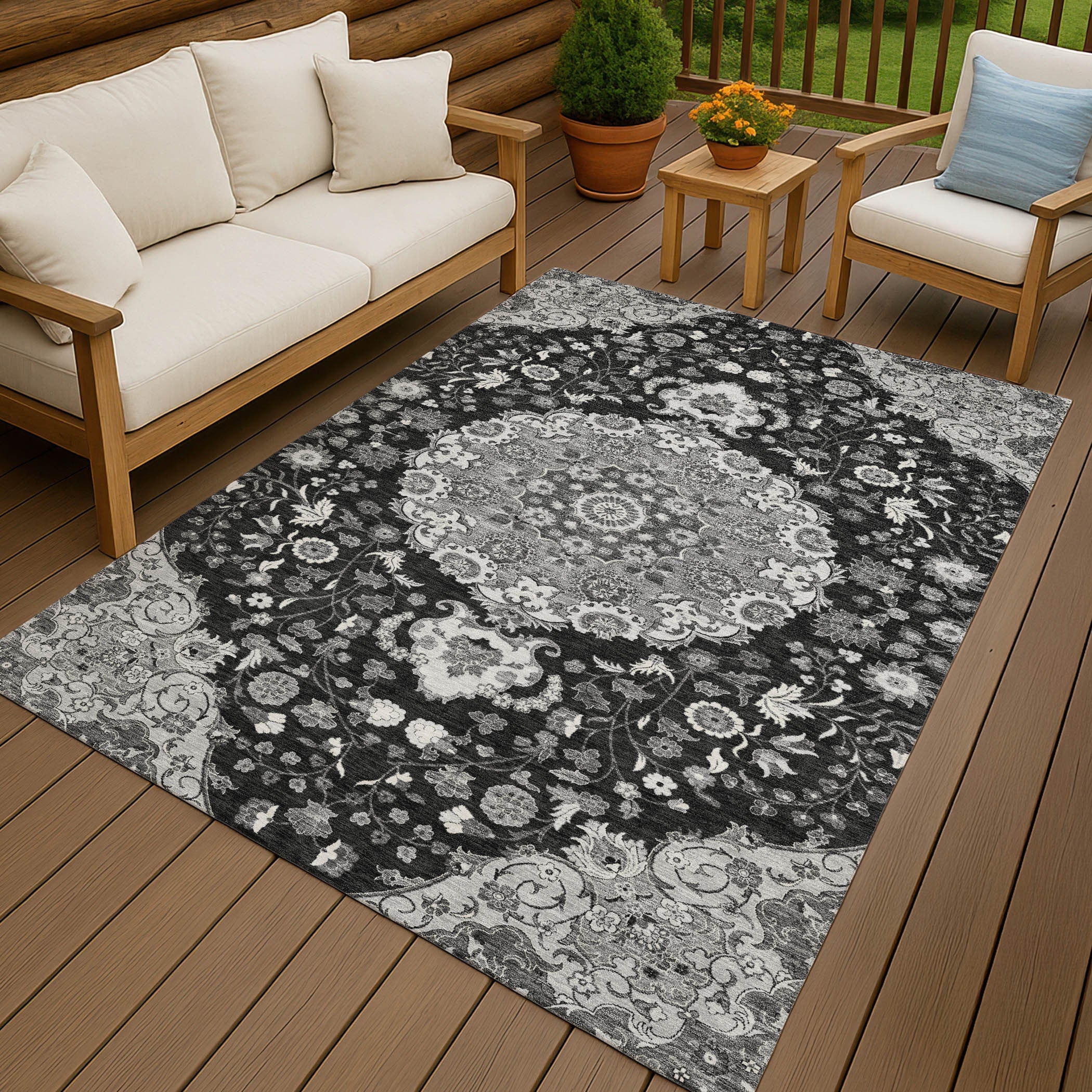 3' X 5' Black And Granite Gray Damask Washable Indoor Outdoor Area Rug Homeroots Outdoor