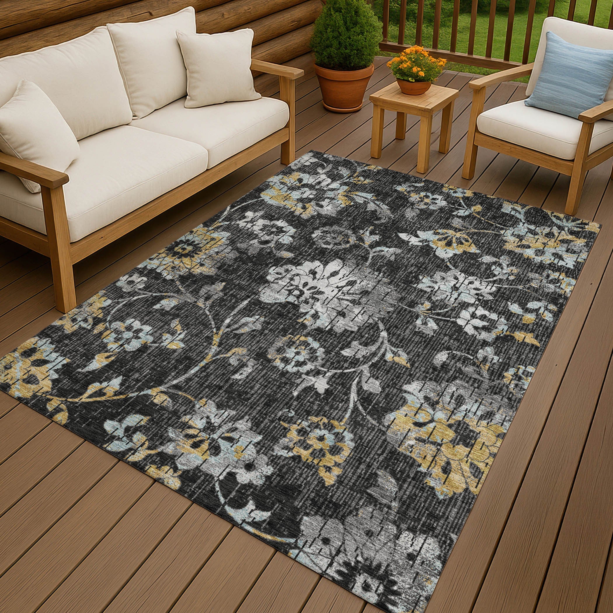 3' X 5' Black And Graphite Floral Washable Indoor Outdoor Area Rug Homeroots Outdoor