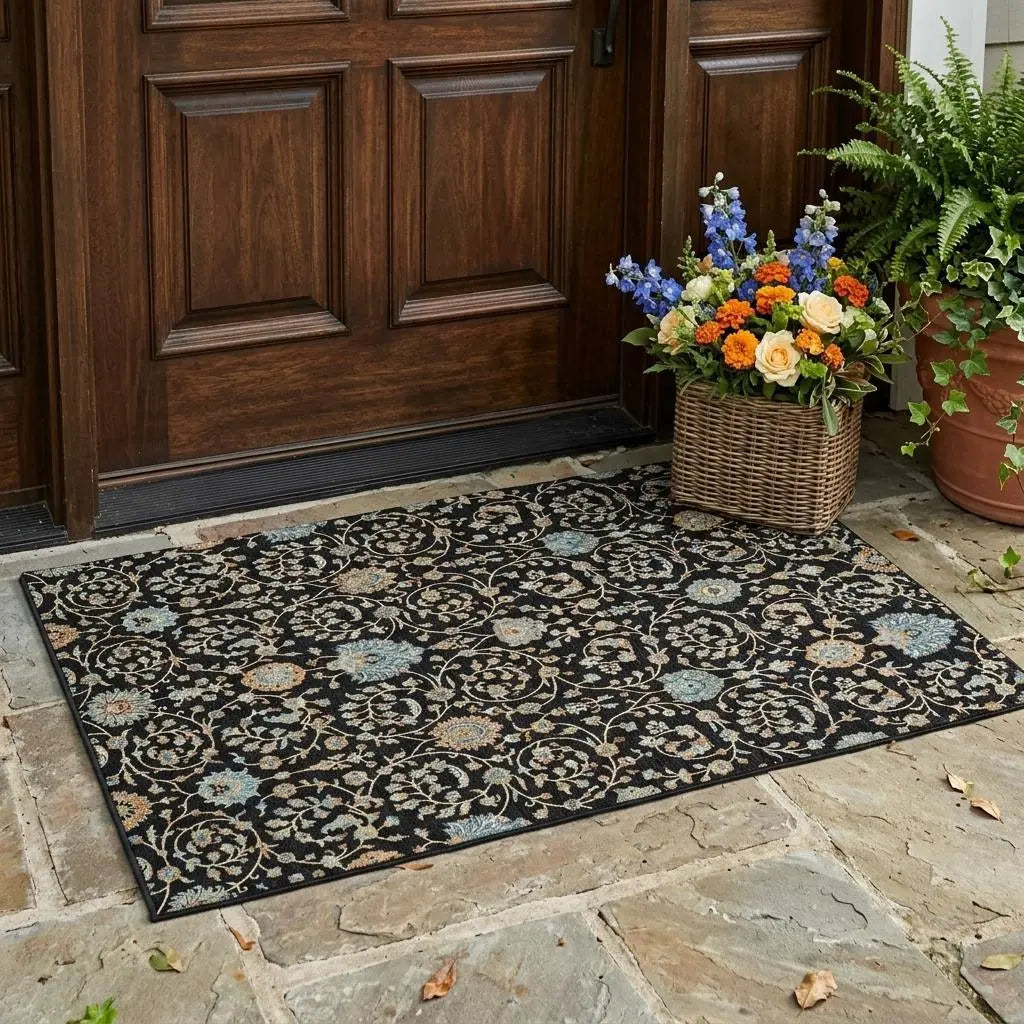3' X 5' Black And Graphite Floral Washable Indoor Outdoor Area Rug Homeroots Outdoor