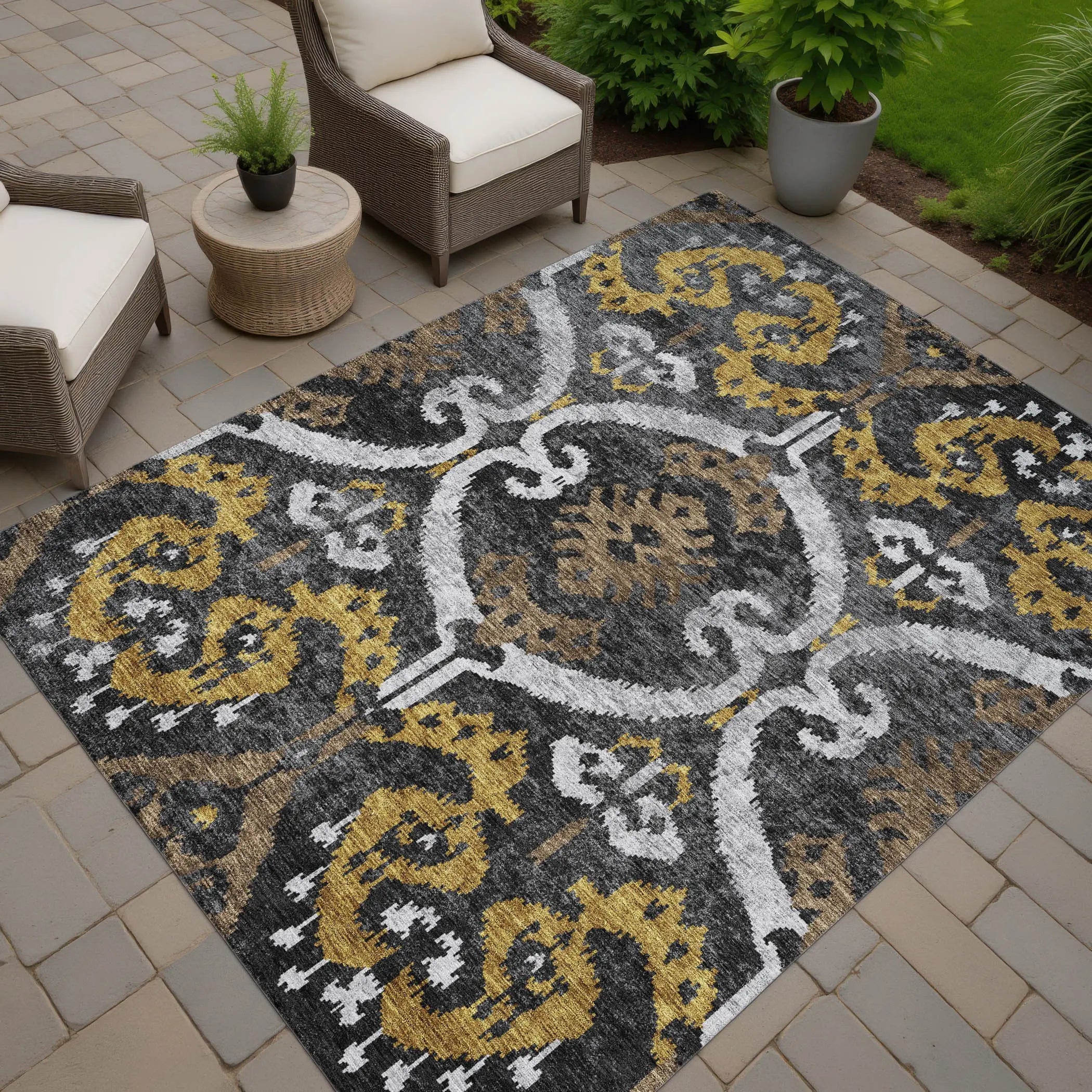 3' X 5' Black And Graphite Ikat Washable Indoor Outdoor Area Rug Homeroots Outdoor