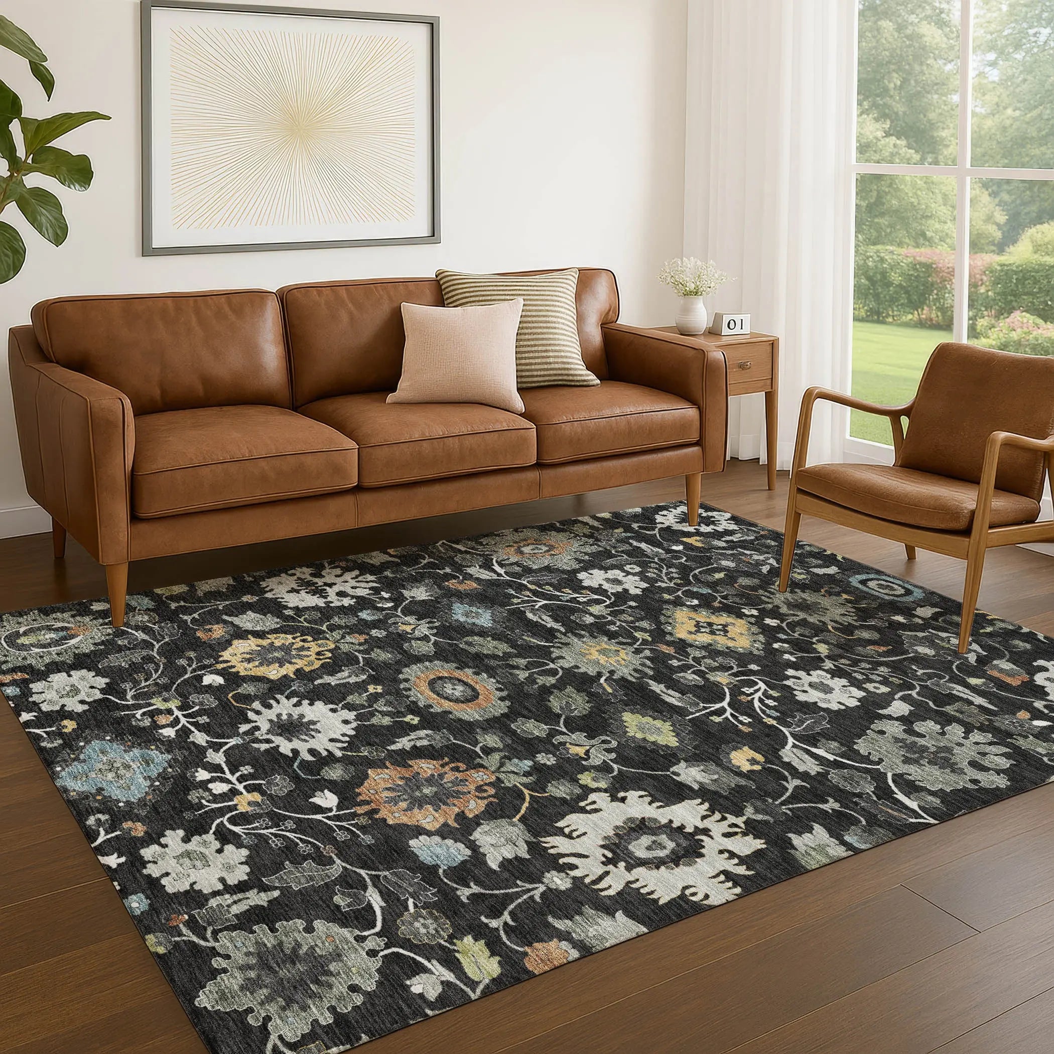 3' X 5' Black And Gray Floral Medallion Washable Indoor Outdoor Area Rug Homeroots Outdoor