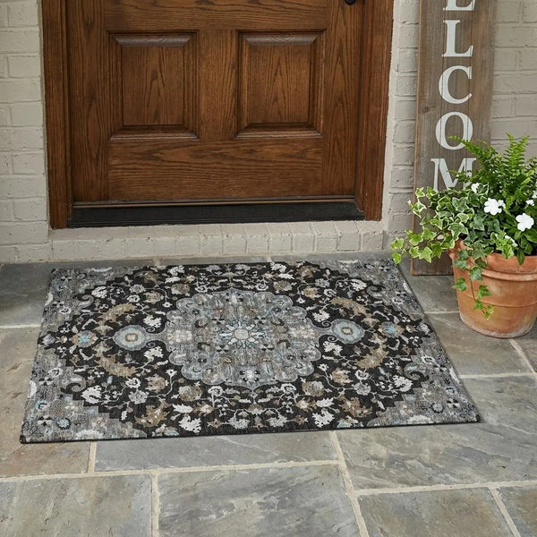 3' X 5' Black And Gray Floral Medallion Washable Indoor Outdoor Area Rug Homeroots Outdoor