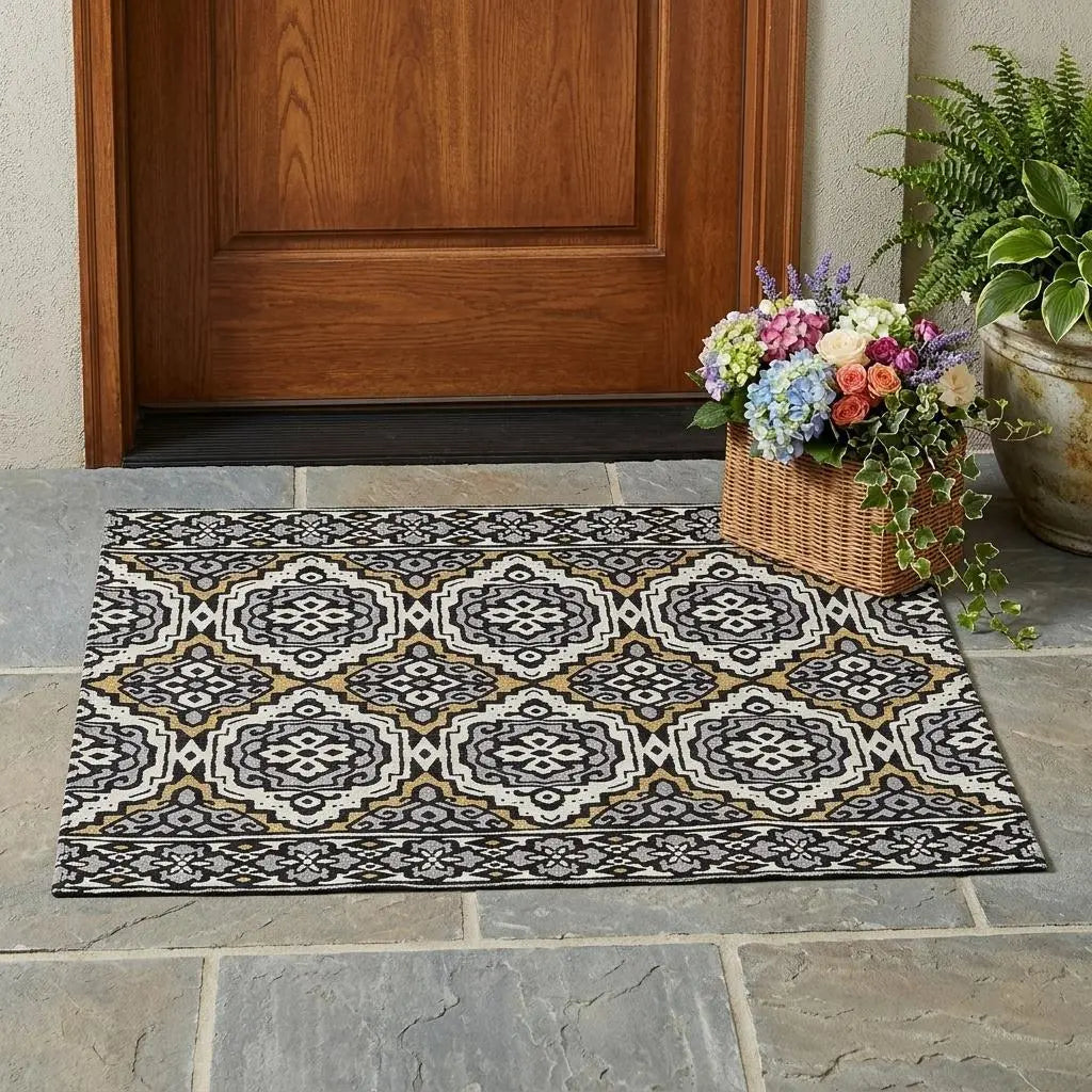3' X 5' Black And Gray Tribal Washable Indoor Outdoor Area Rug Homeroots Outdoor