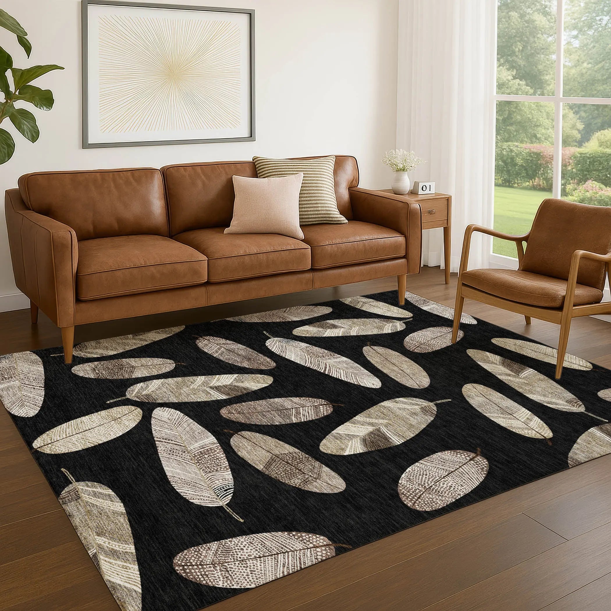 3' X 5' Black And Green Botanical Leaves Washable Indoor Outdoor Area Rug Homeroots Outdoor