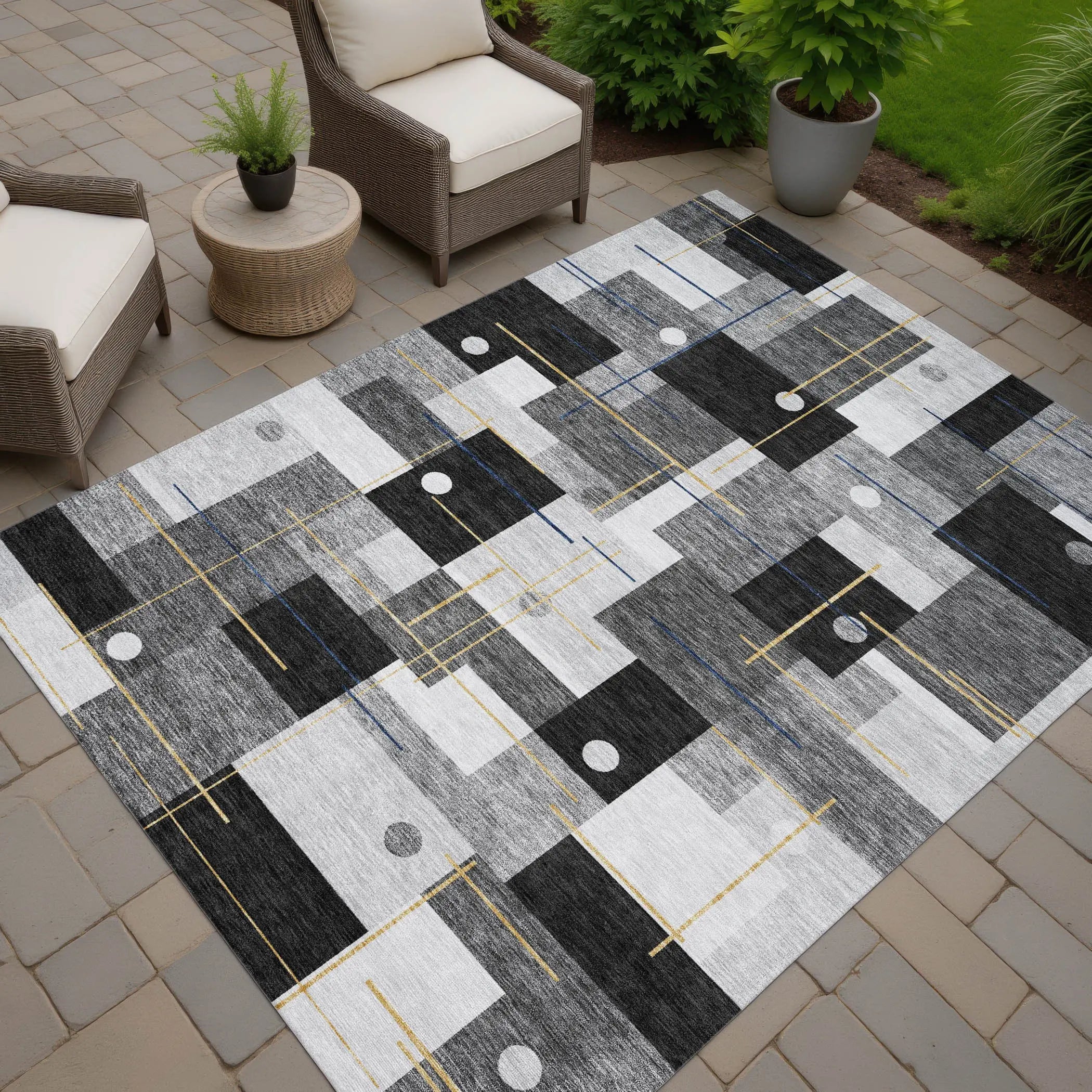 3' X 5' Black And Green Geometric Washable Indoor Outdoor Area Rug Homeroots Outdoor