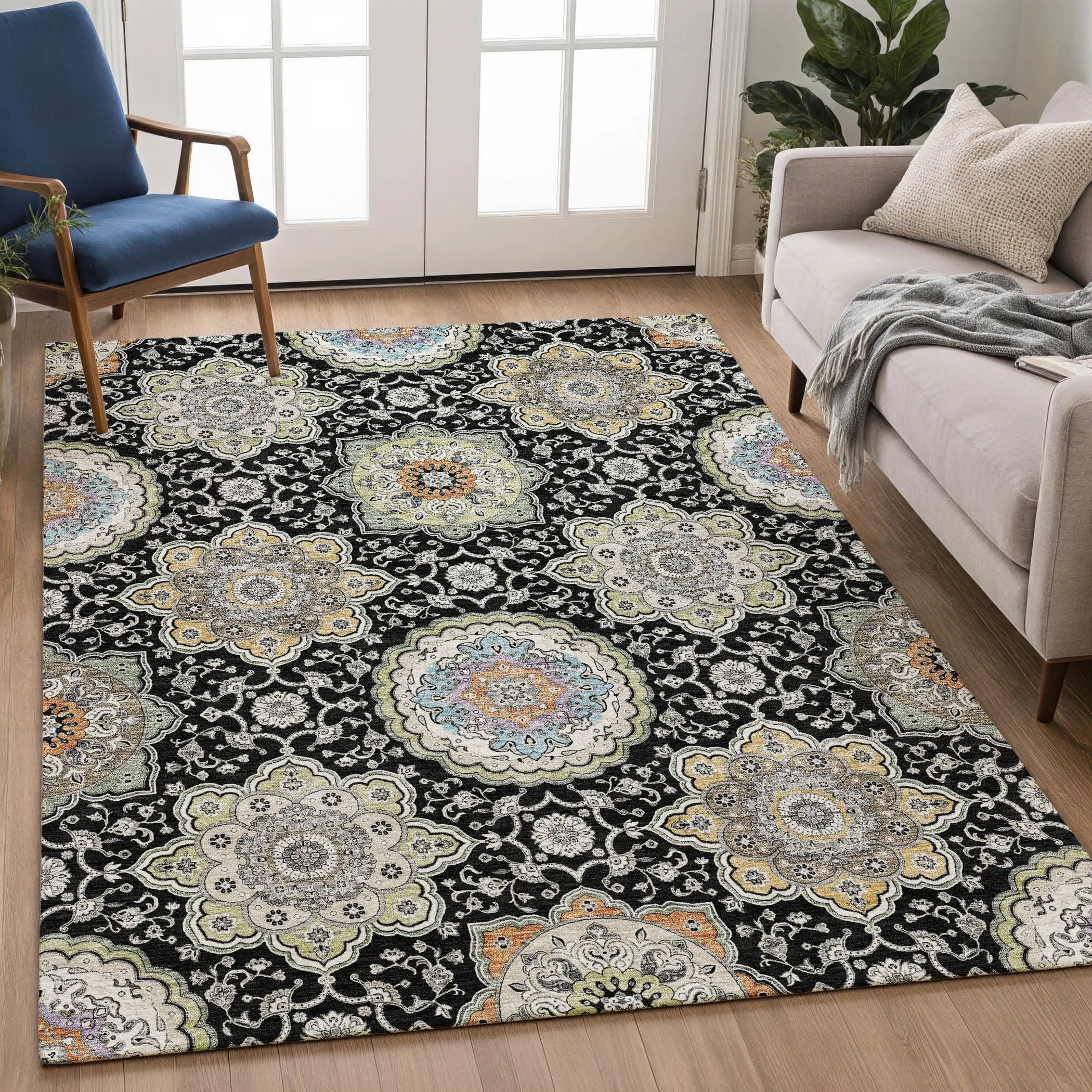 3' X 5' Black And Ivory Floral Medallion Washable Indoor Outdoor Area Rug Homeroots Outdoor