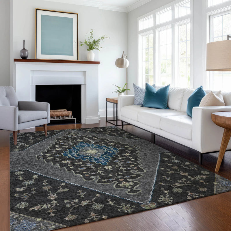 3' X 5' Black And Navy Blue Geometric Washable Indoor Outdoor Area Rug Homeroots Outdoor