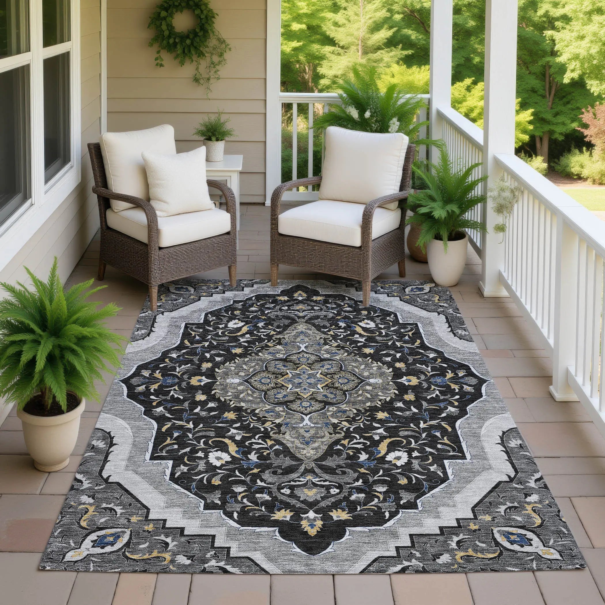 3' X 5' Black And Orange Medallion Washable Indoor Outdoor Area Rug Homeroots Outdoor