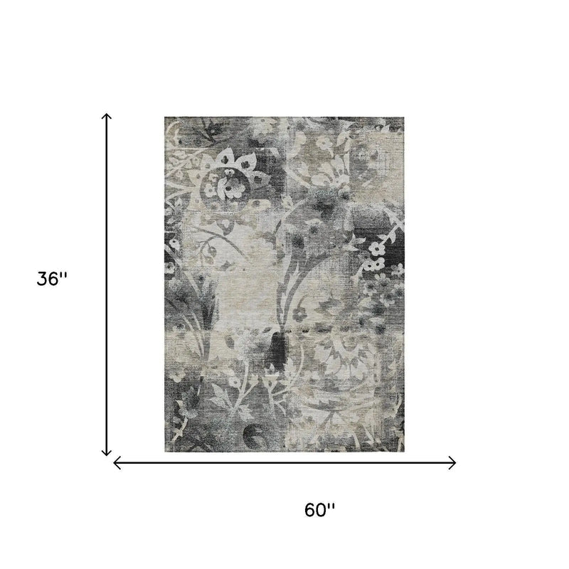 3' X 5' Black And Silver Botanical Leaves Washable Indoor Outdoor Area Rug Homeroots Outdoor