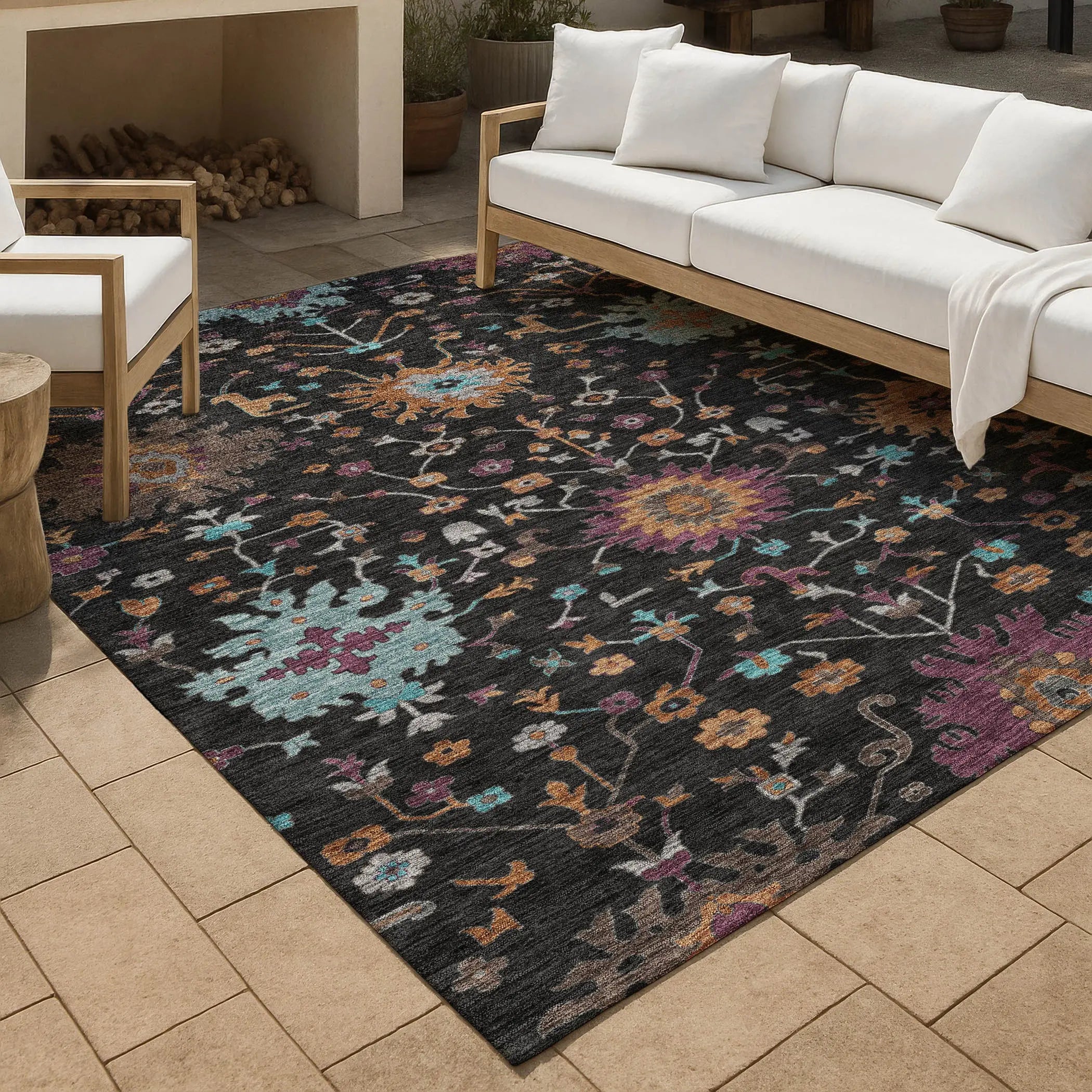 3' X 5' Black And Teal Blue Faux Bois Washable Indoor Outdoor Area Rug Homeroots Outdoor