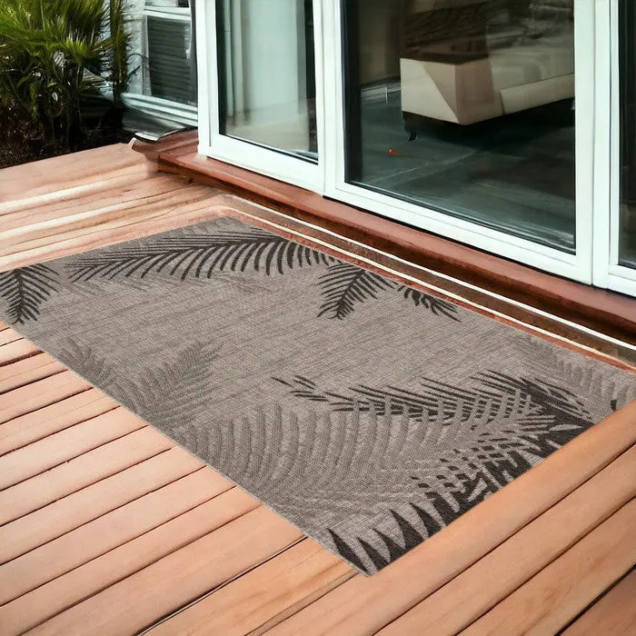 3' X 5' Black and Taupe Palm Leaf Stain Resistant Indoor Outdoor Area Rug Homeroots Outdoor