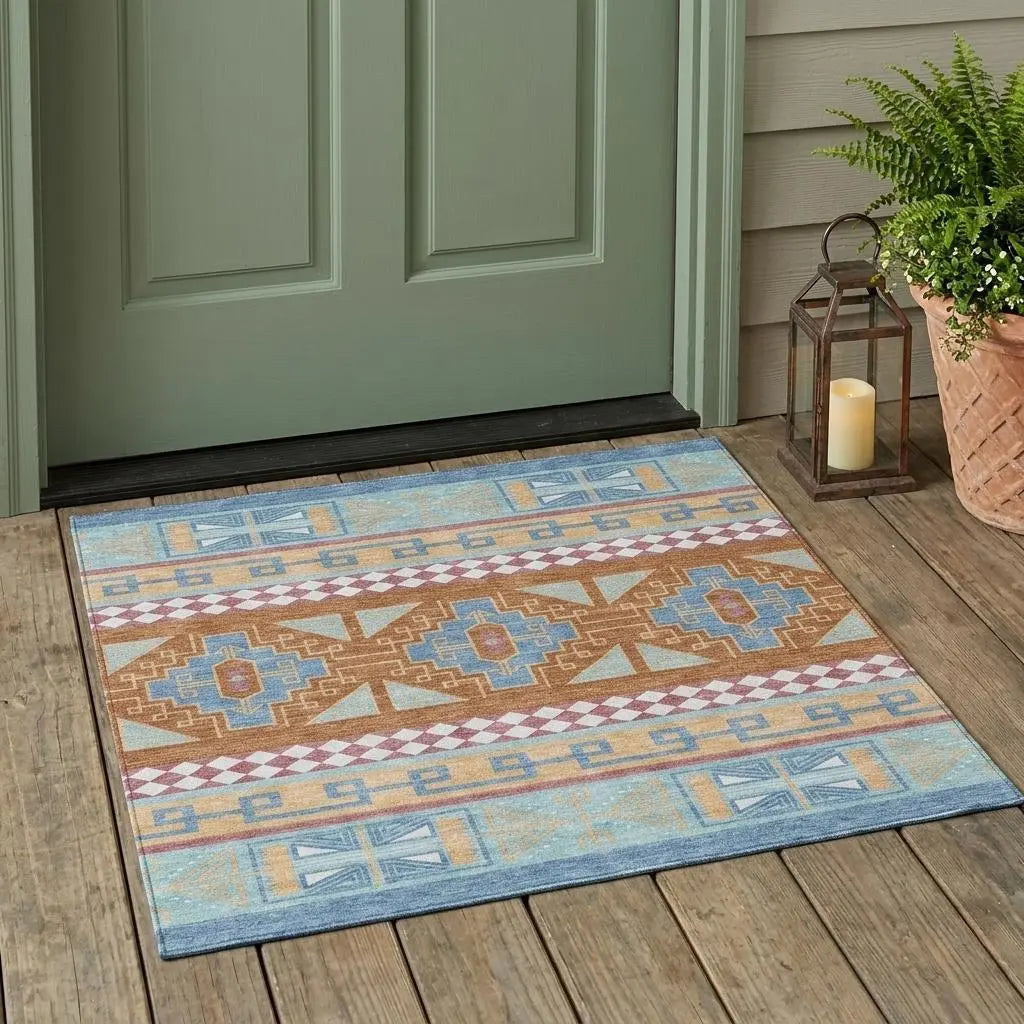 3' X 5' Blue And Aqua Tribal Washable Indoor Outdoor Area Rug Homeroots Outdoor