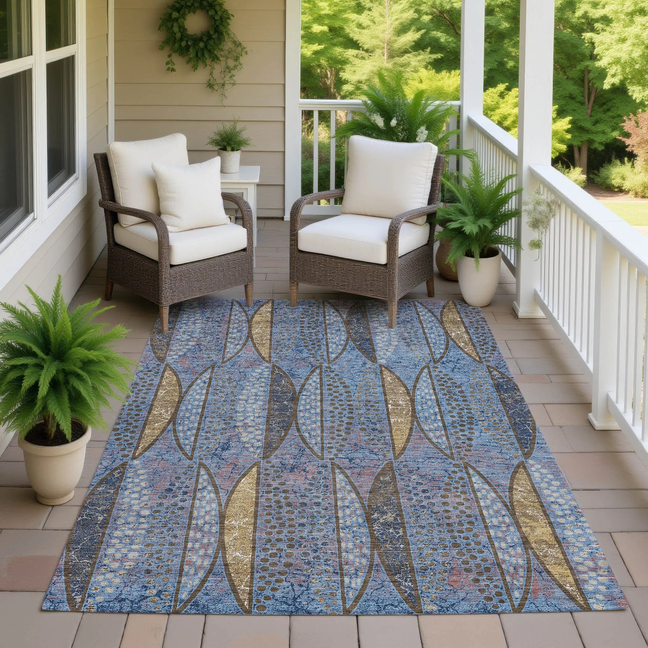 3' X 5' Blue And Brown Geometric Washable Indoor Outdoor Area Rug Homeroots Outdoor