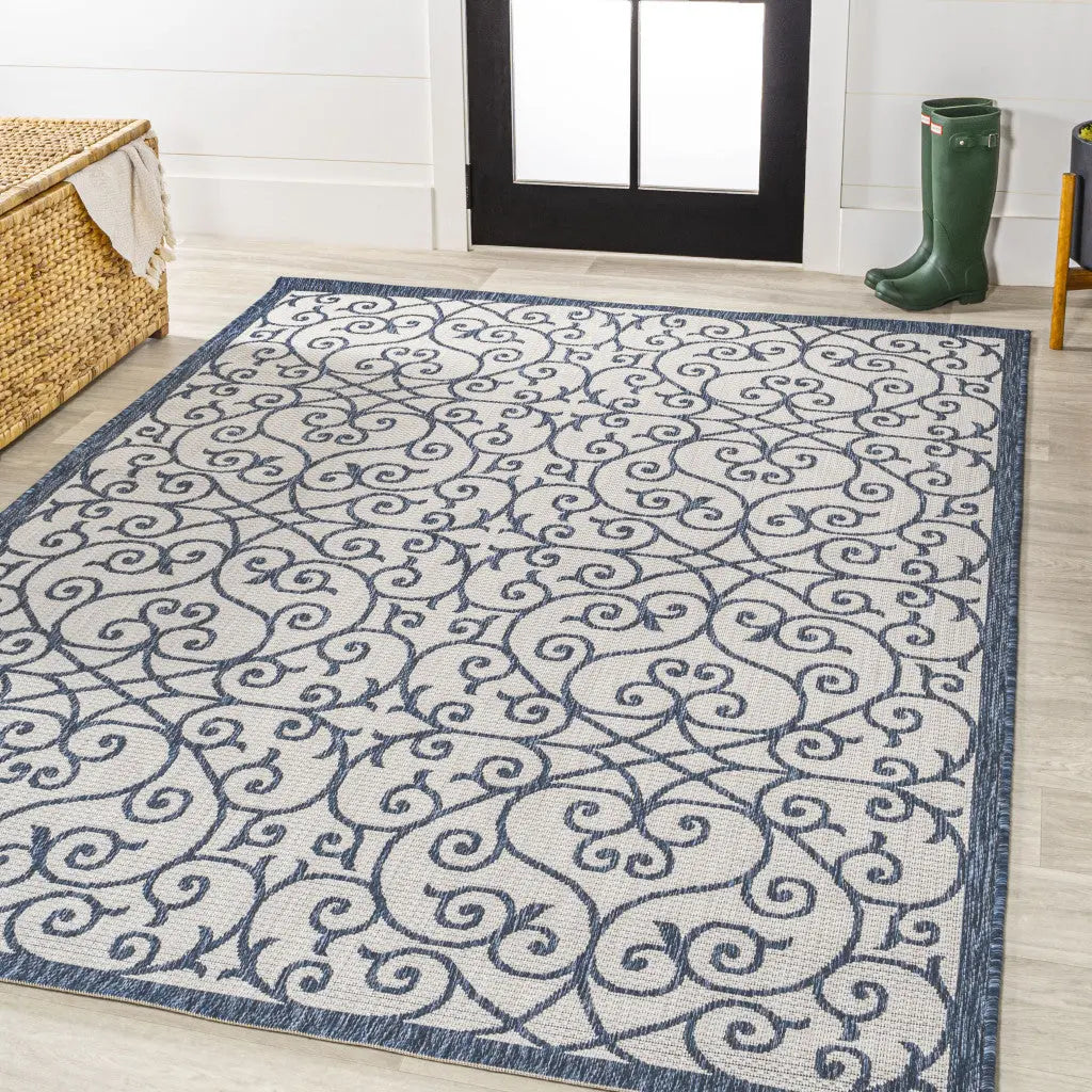 3' X 5' Blue And Cream Geometric Indoor Outdoor Area Rug Homeroots Outdoor