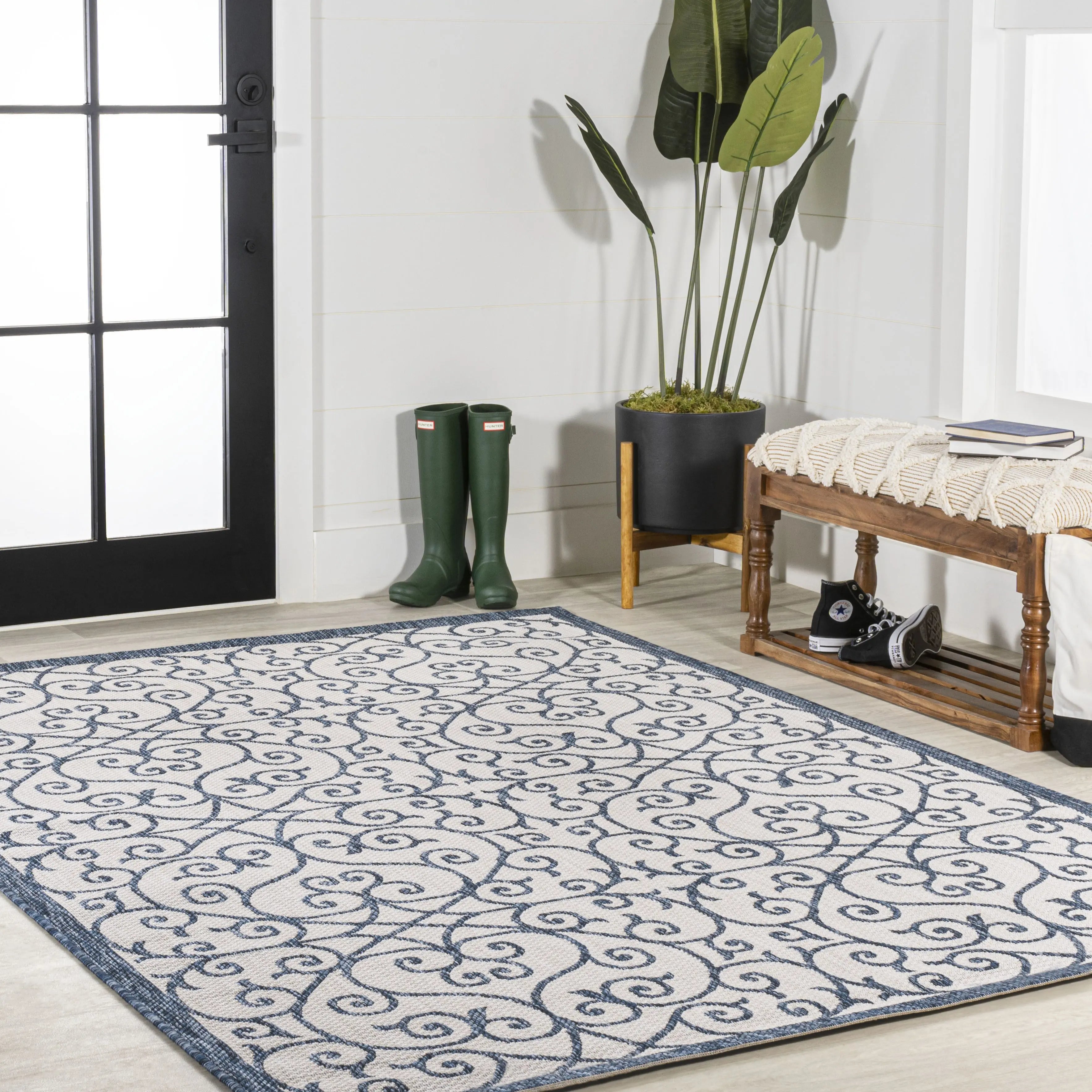 3' X 5' Blue And Cream Geometric Indoor Outdoor Area Rug Homeroots Outdoor