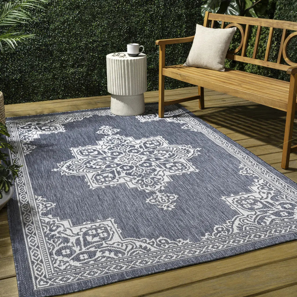 3' X 5' Blue And Cream Medallion Indoor Outdoor Area Rug Homeroots Outdoor