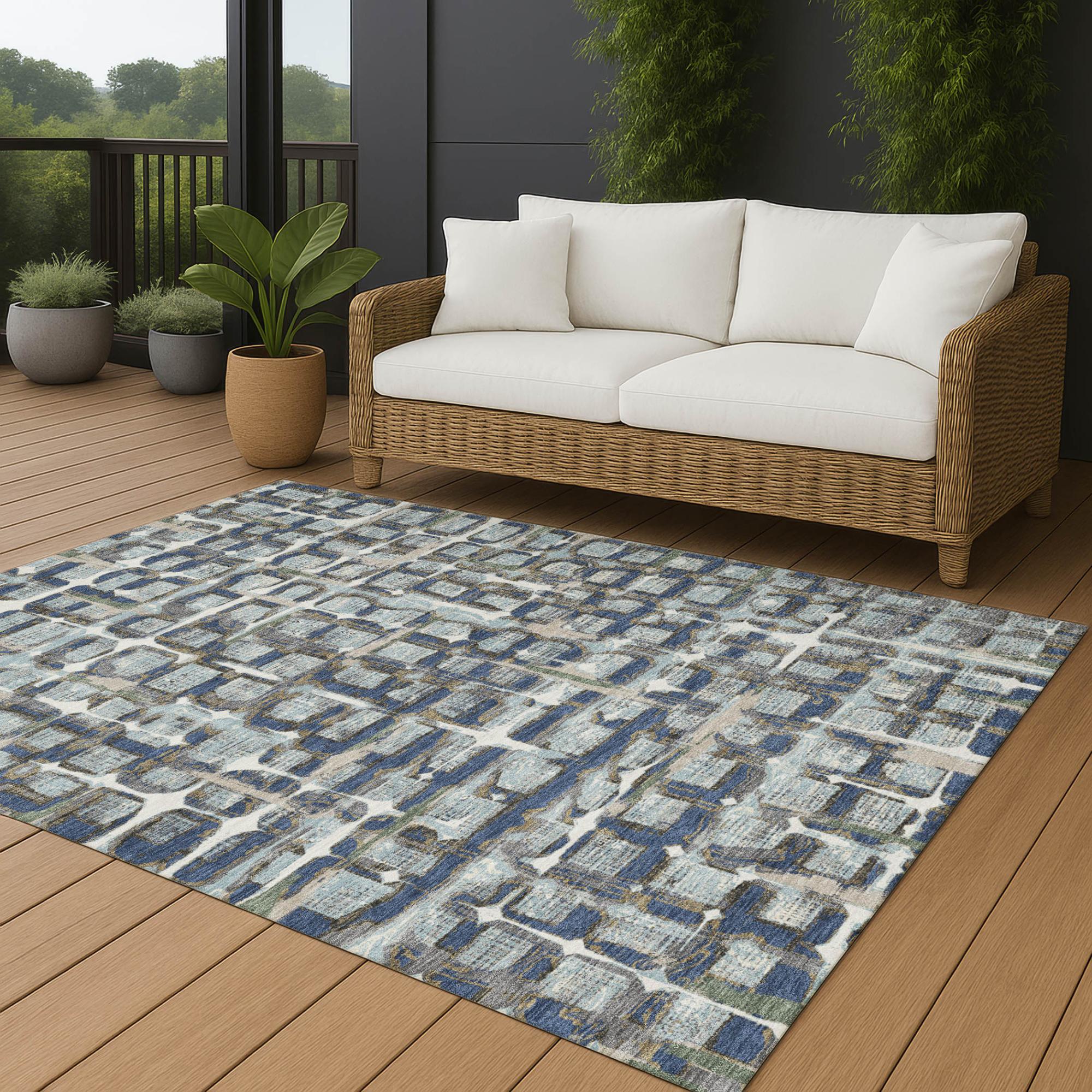 3' X 5' Blue And Gray Geometric Washable Indoor Outdoor Area Rug Homeroots Outdoor