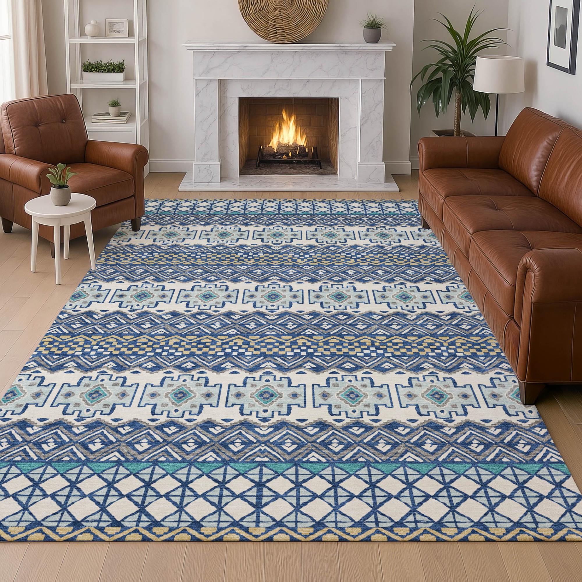 Blue and white geometric patterned area rug, featuring soft material, ideal for modern living room decor.