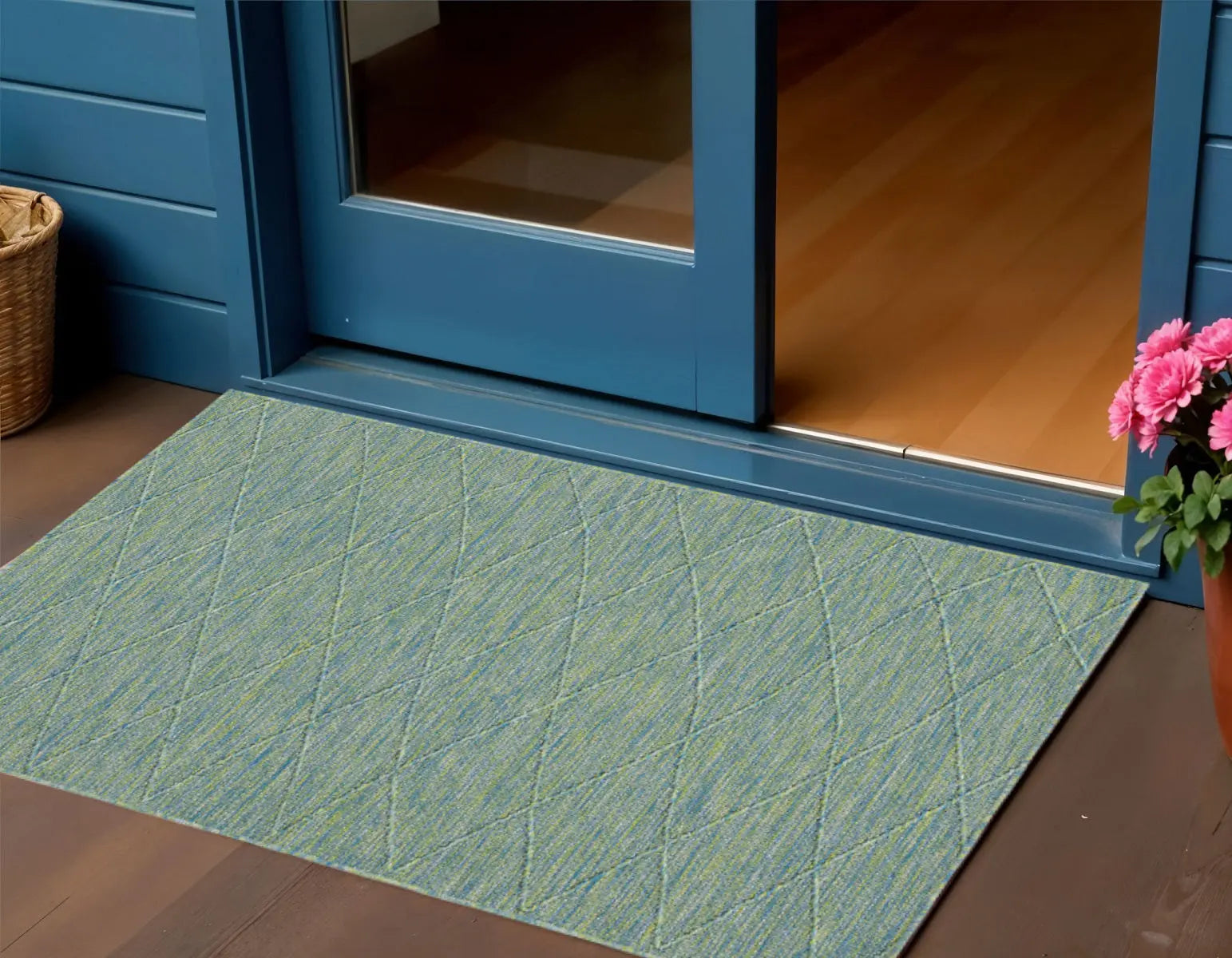 3' X 5' Blue And Green Geometric Indoor Outdoor Area Rug Homeroots Outdoor