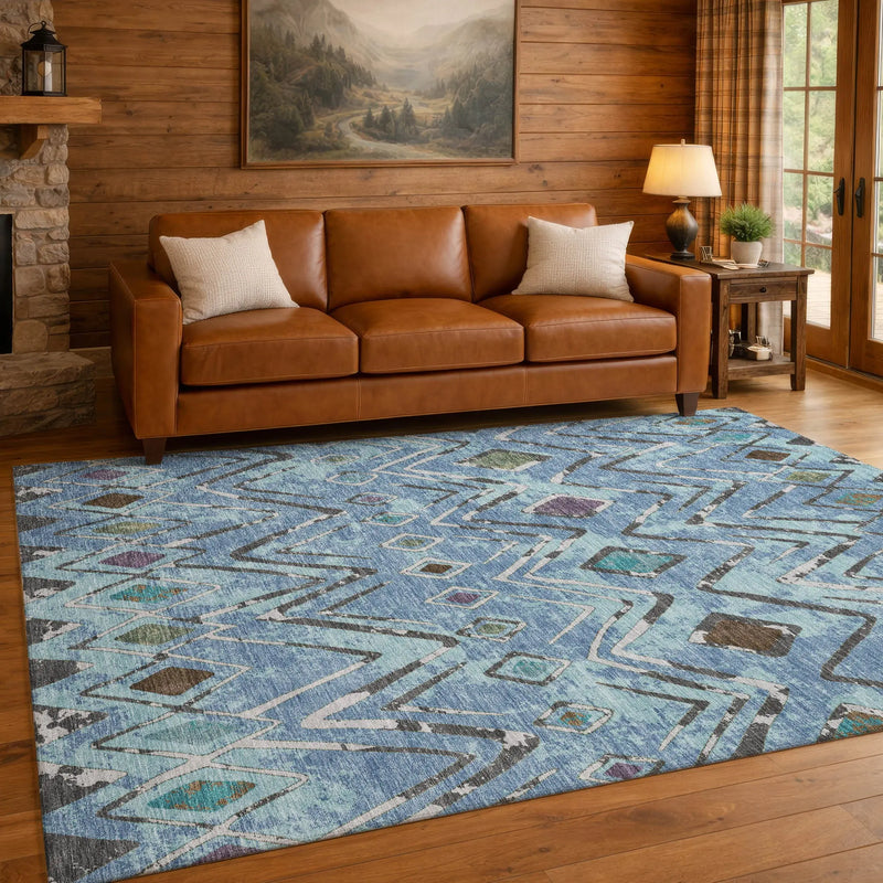3' X 5' Blue And Khaki Geometric Washable Indoor Outdoor Area Rug Homeroots Outdoor