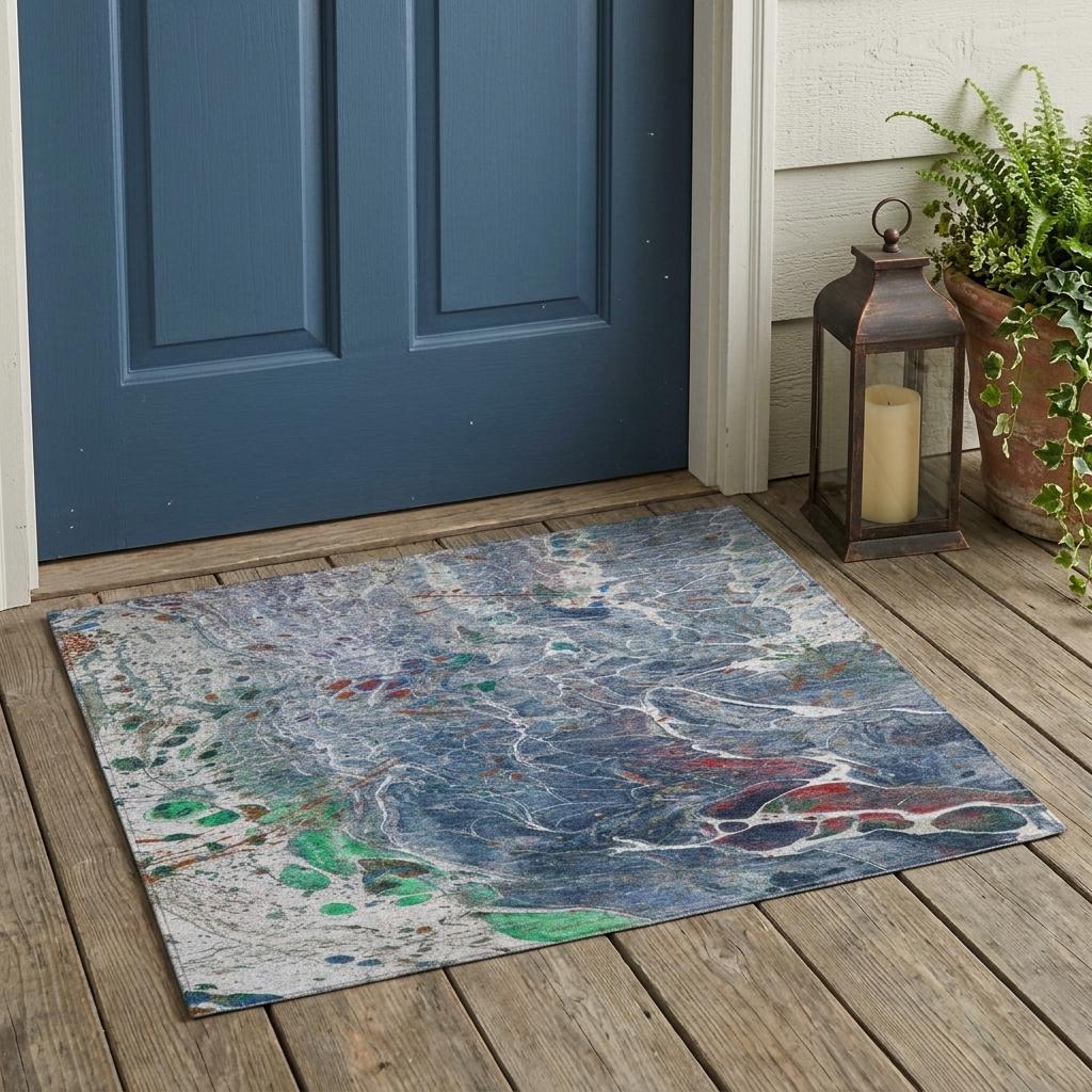 3' X 5' Blue And Pewter Abstract Washable Indoor Outdoor Area Rug Homeroots Outdoor