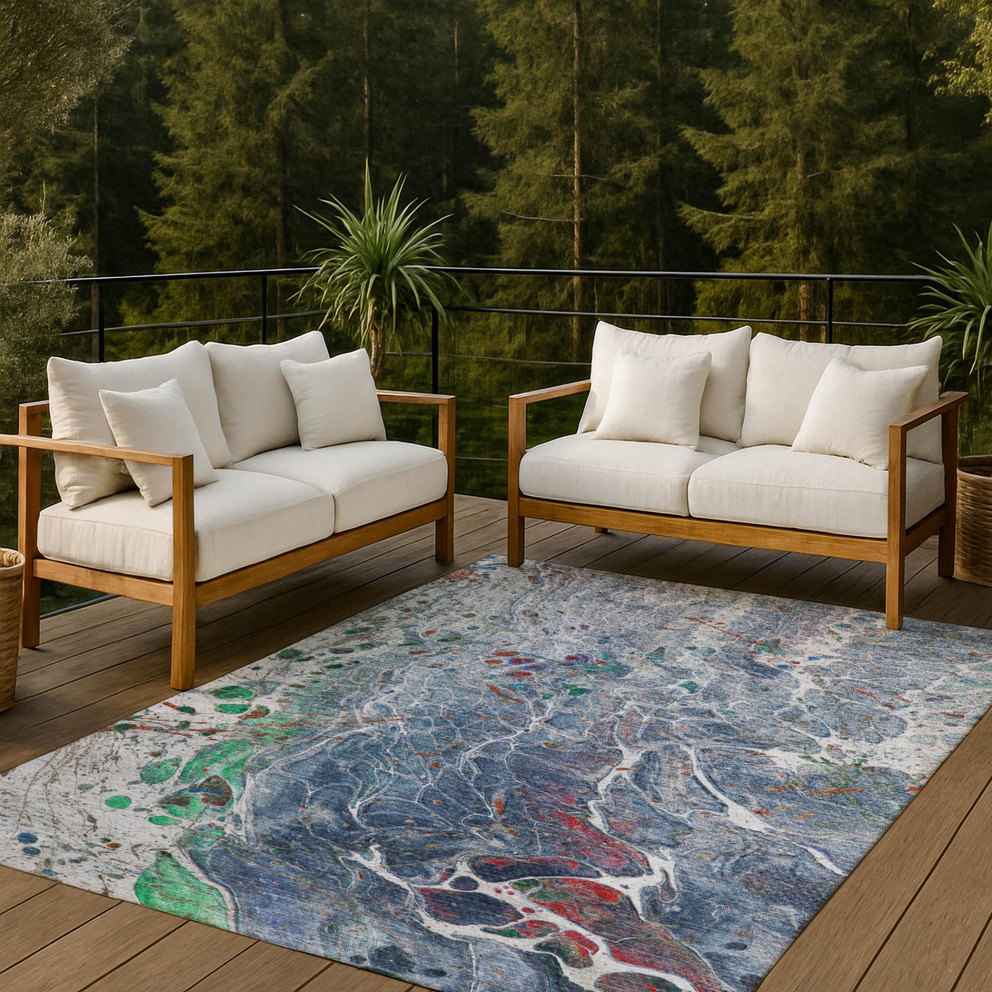 3' X 5' Blue And Pewter Abstract Washable Indoor Outdoor Area Rug Homeroots Outdoor