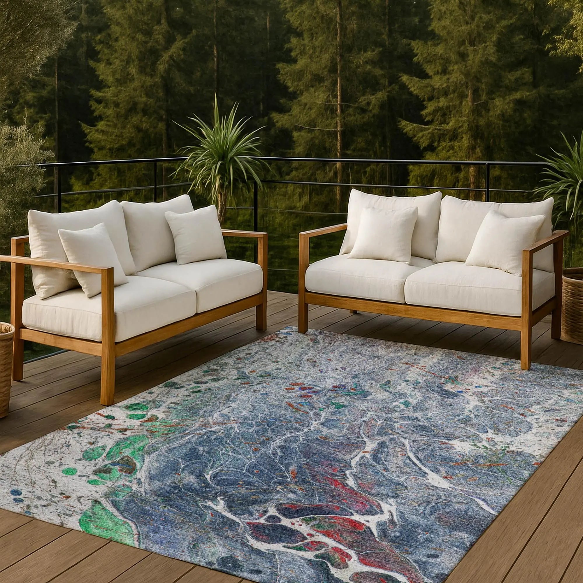 3' X 5' Blue And Pewter Abstract Washable Indoor Outdoor Area Rug Homeroots Outdoor