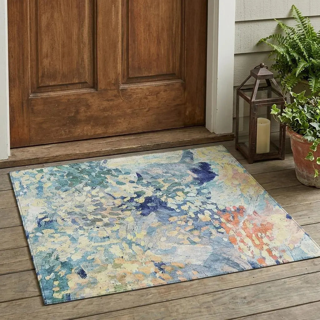 3' X 5' Blue And Pewter Abstract Washable Indoor Outdoor Area Rug Homeroots Outdoor
