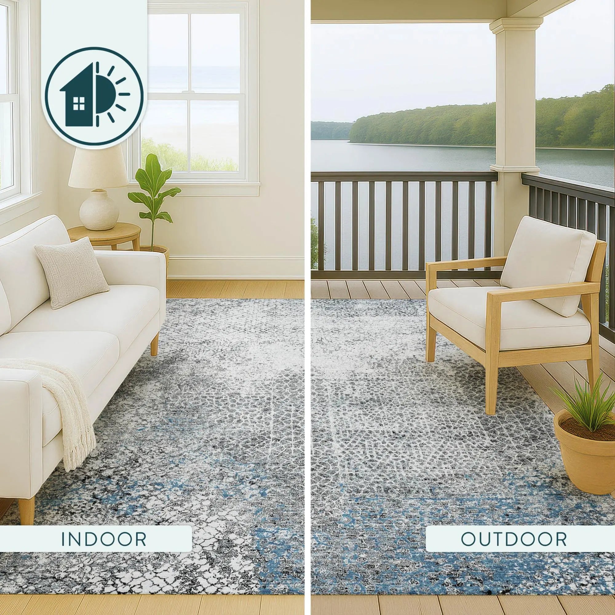 Gray and blue patterned indoor/outdoor rug, soft texture, modern design, versatile for living spaces and patios.