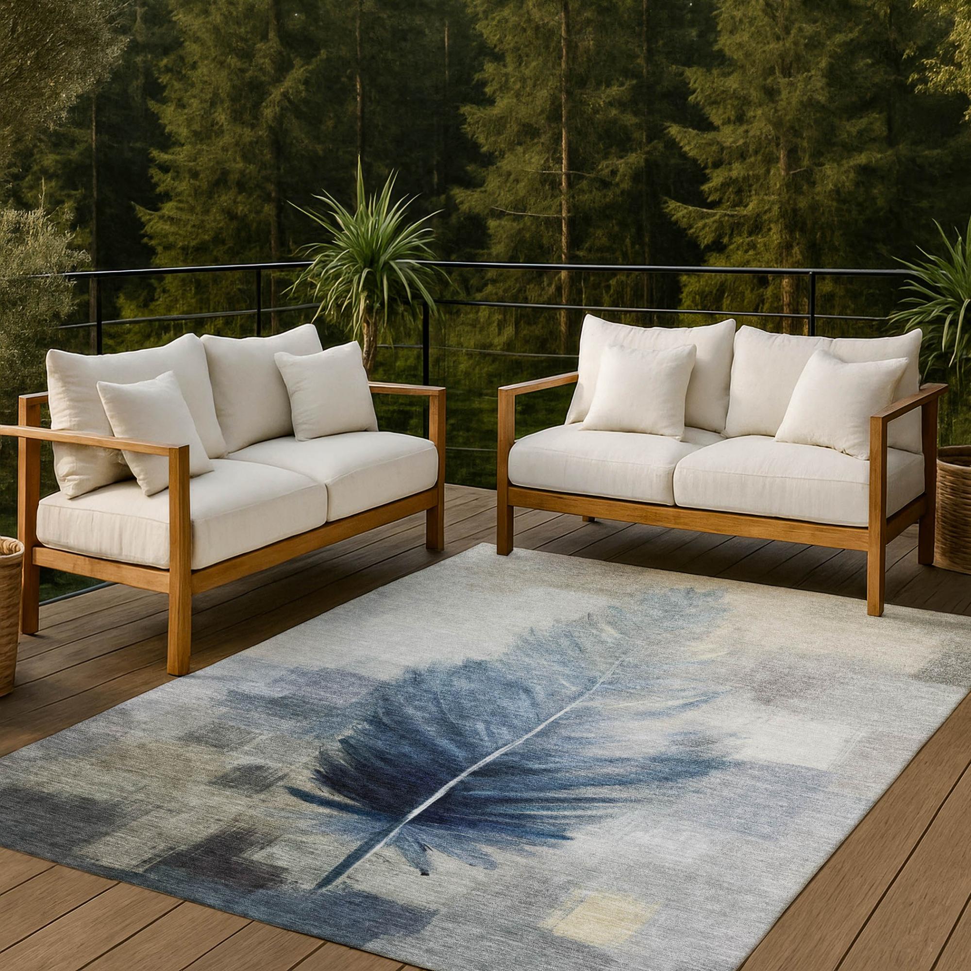 3' X 5' Blue And Pewter Botanical Leaves Washable Indoor Outdoor Area Rug Homeroots Outdoor