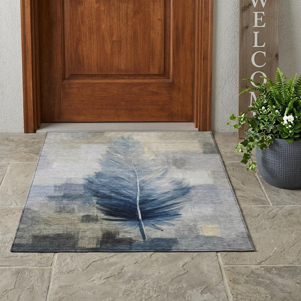 3' X 5' Blue And Pewter Botanical Leaves Washable Indoor Outdoor Area Rug Homeroots Outdoor