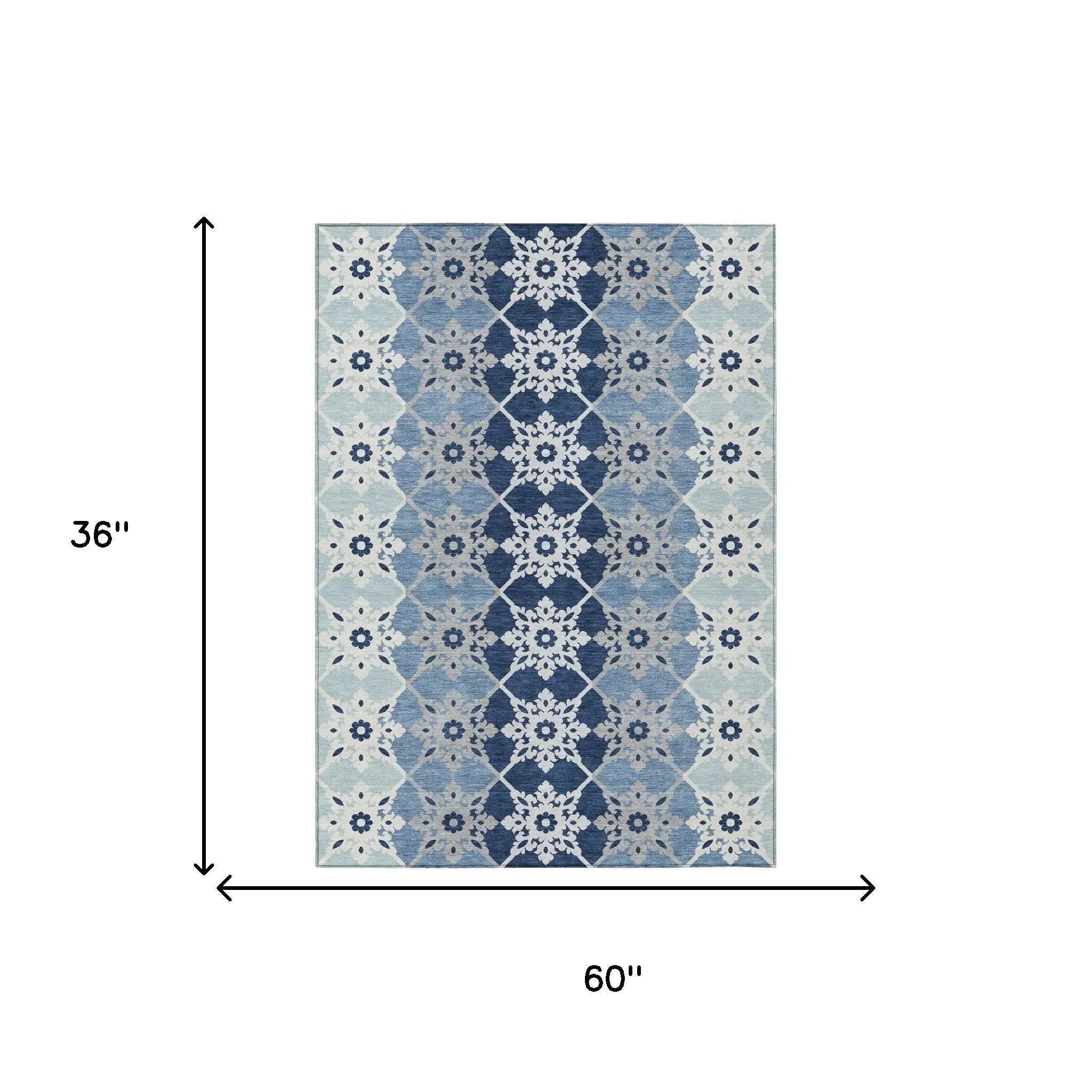3' X 5' Blue And Pewter Floral Medallion Washable Indoor Outdoor Area Rug Homeroots Outdoor