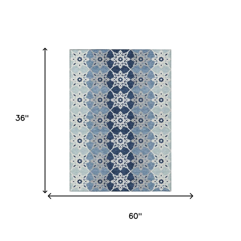 3' X 5' Blue And Pewter Floral Medallion Washable Indoor Outdoor Area Rug Homeroots Outdoor