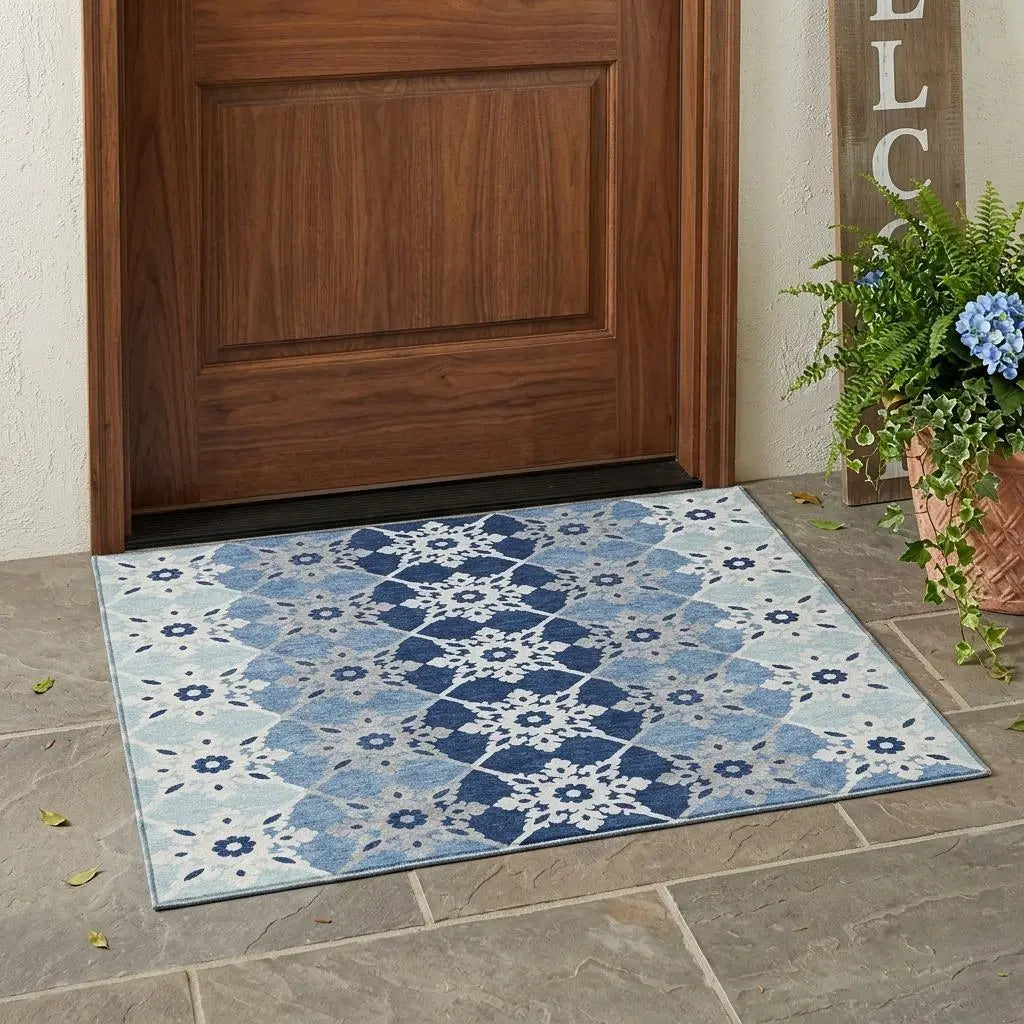3' X 5' Blue And Pewter Floral Medallion Washable Indoor Outdoor Area Rug Homeroots Outdoor