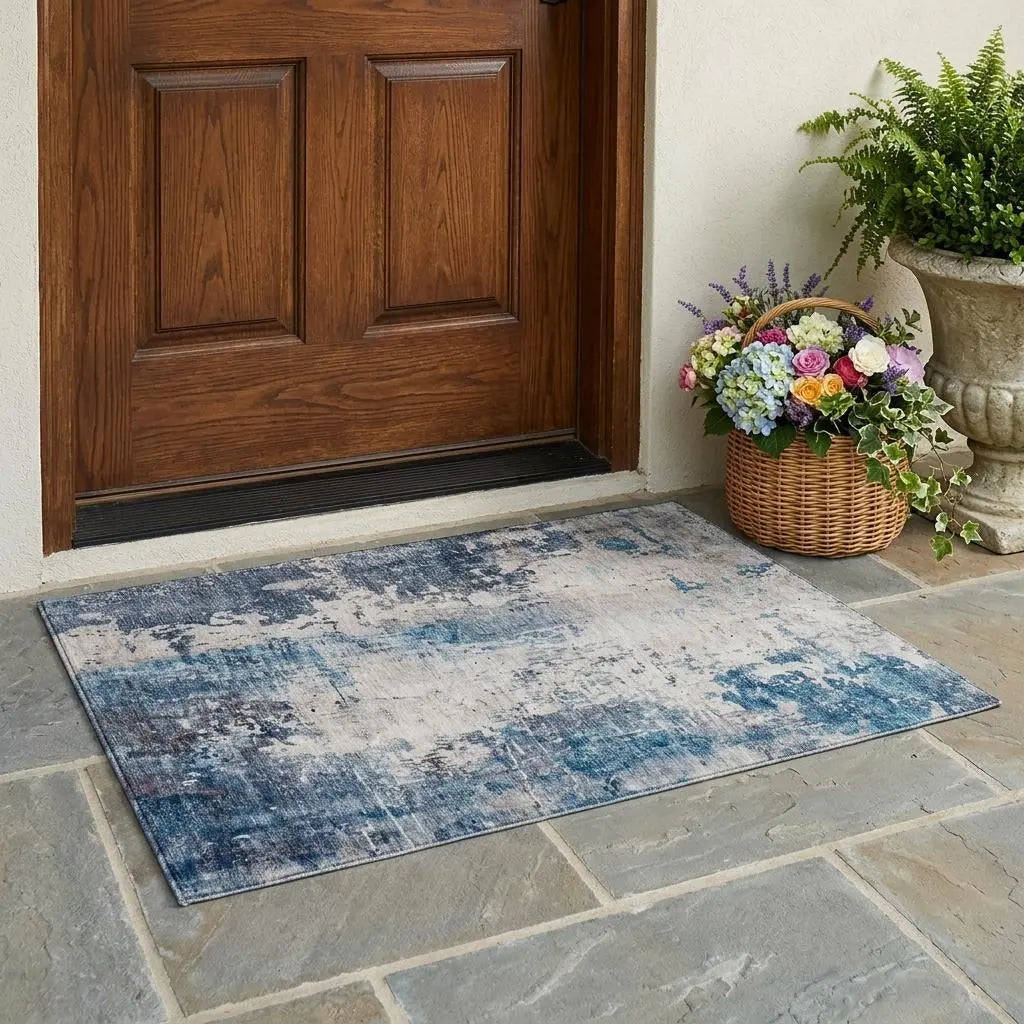 3' X 5' Blue And Silver Abstract Washable Indoor Outdoor Area Rug Homeroots Outdoor