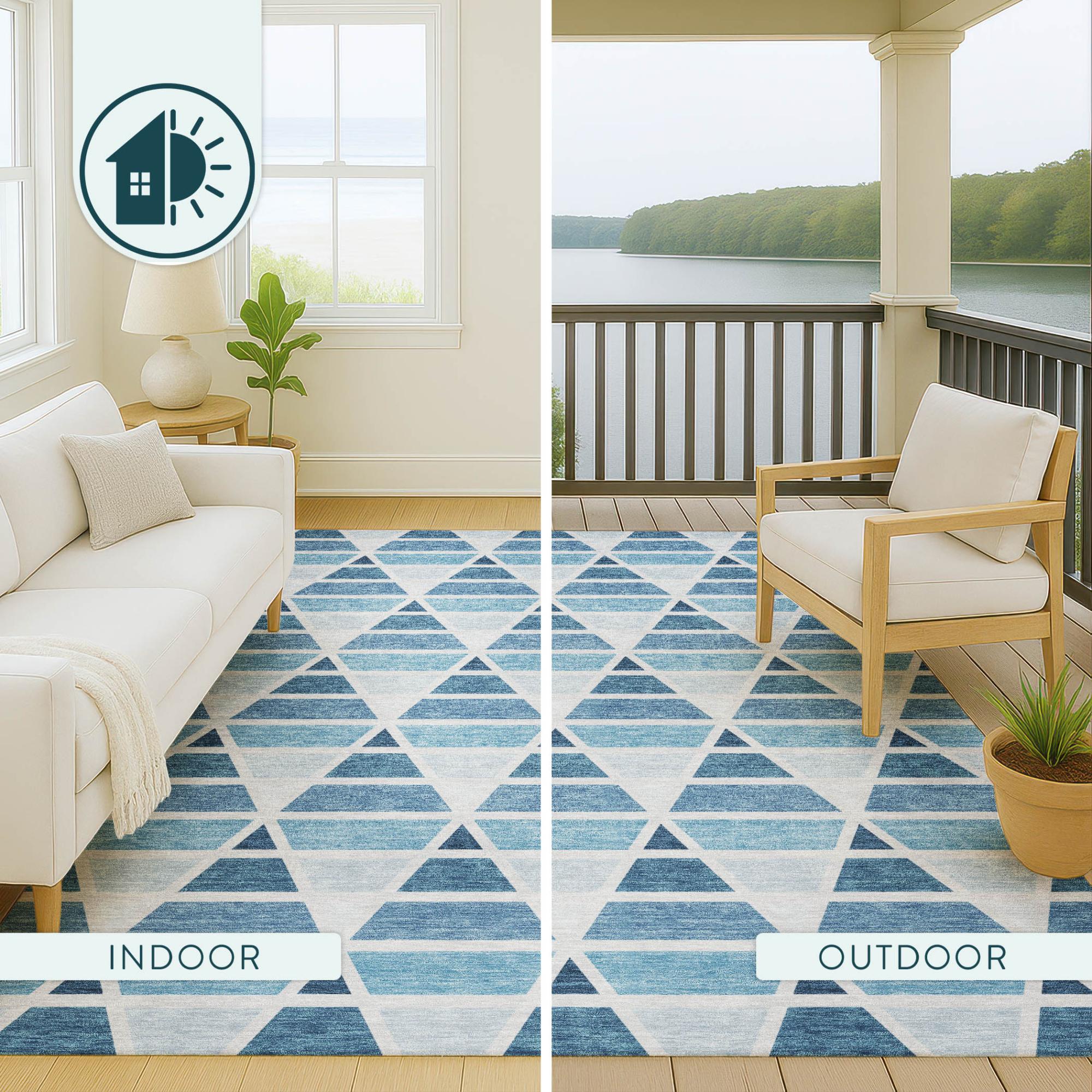 Geometric blue and white outdoor/indoor rug, perfect for adding a stylish touch to your living space or patio.