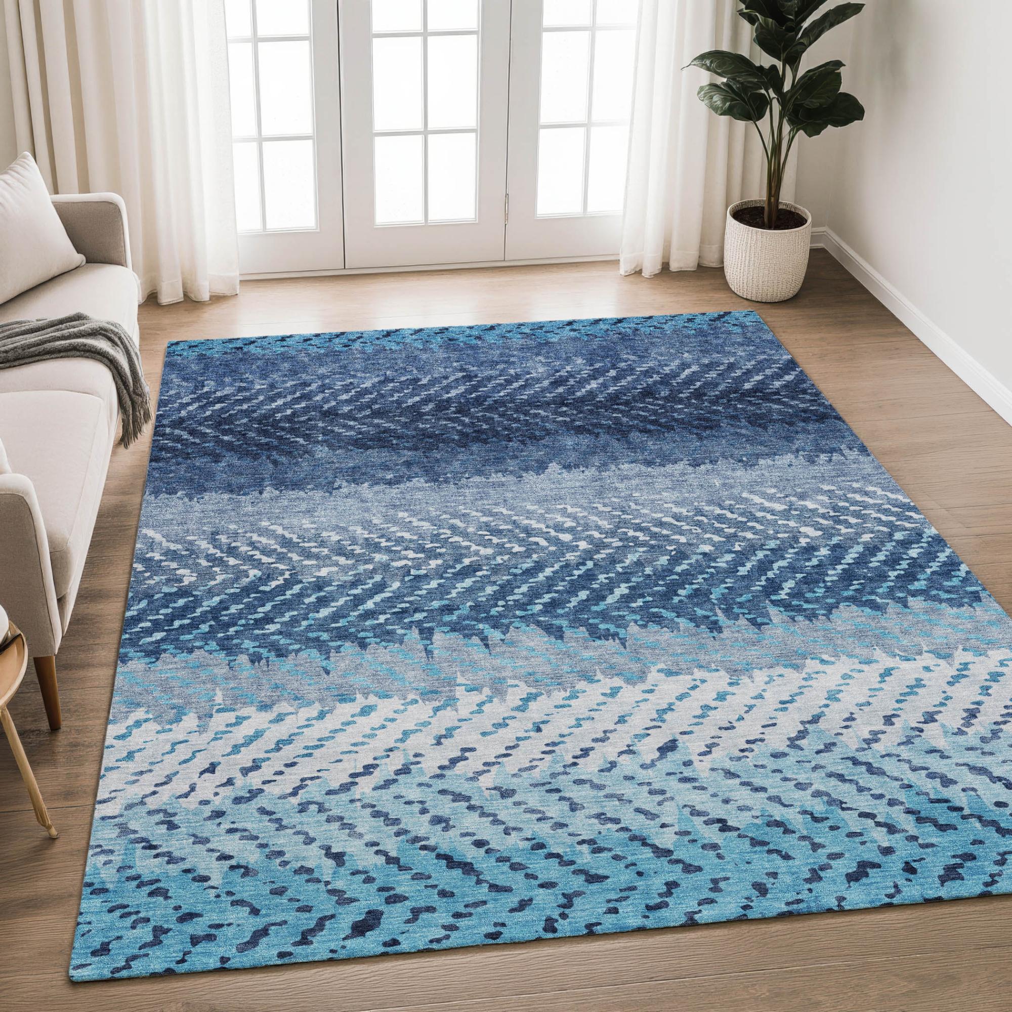 3' X 5' Blue And Teal Blue Striped Washable Indoor Outdoor Area Rug Homeroots Outdoor