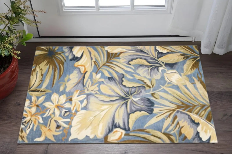 3' X 5' Blue Beige And Green Wool Tropical Botanical Hand Tufted Area Rug Homeroots Home Decor
