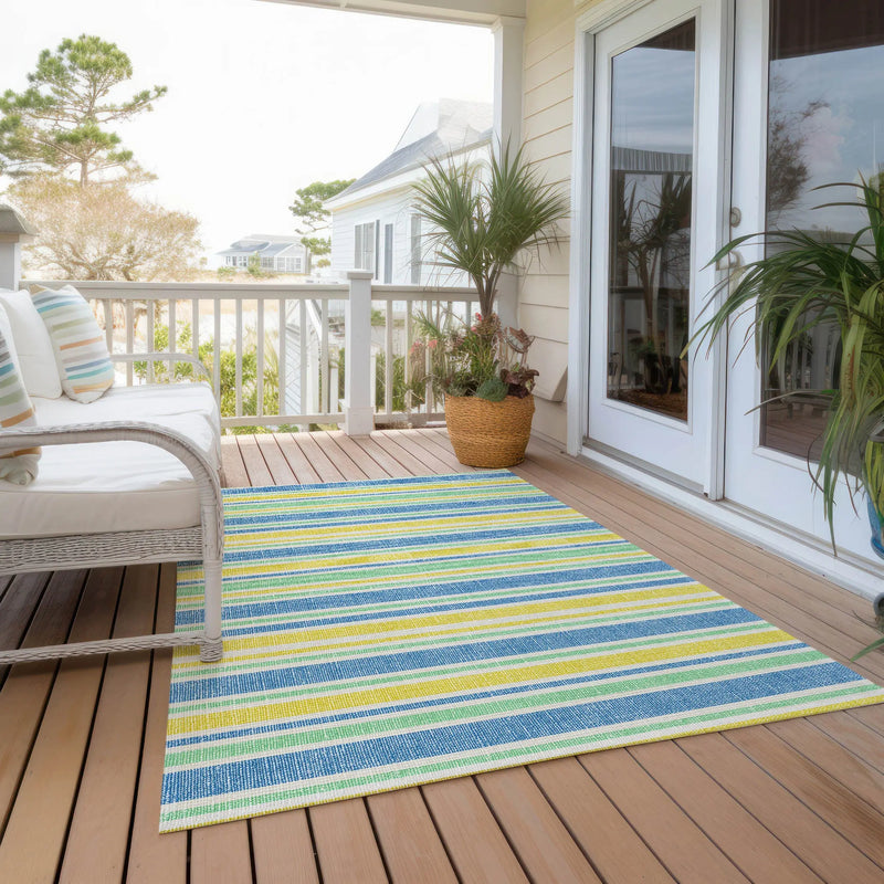 3' X 5' Blue Yellow and Green Striped Washable Non Skid Indoor Outdoor Area Rug Homeroots Outdoor