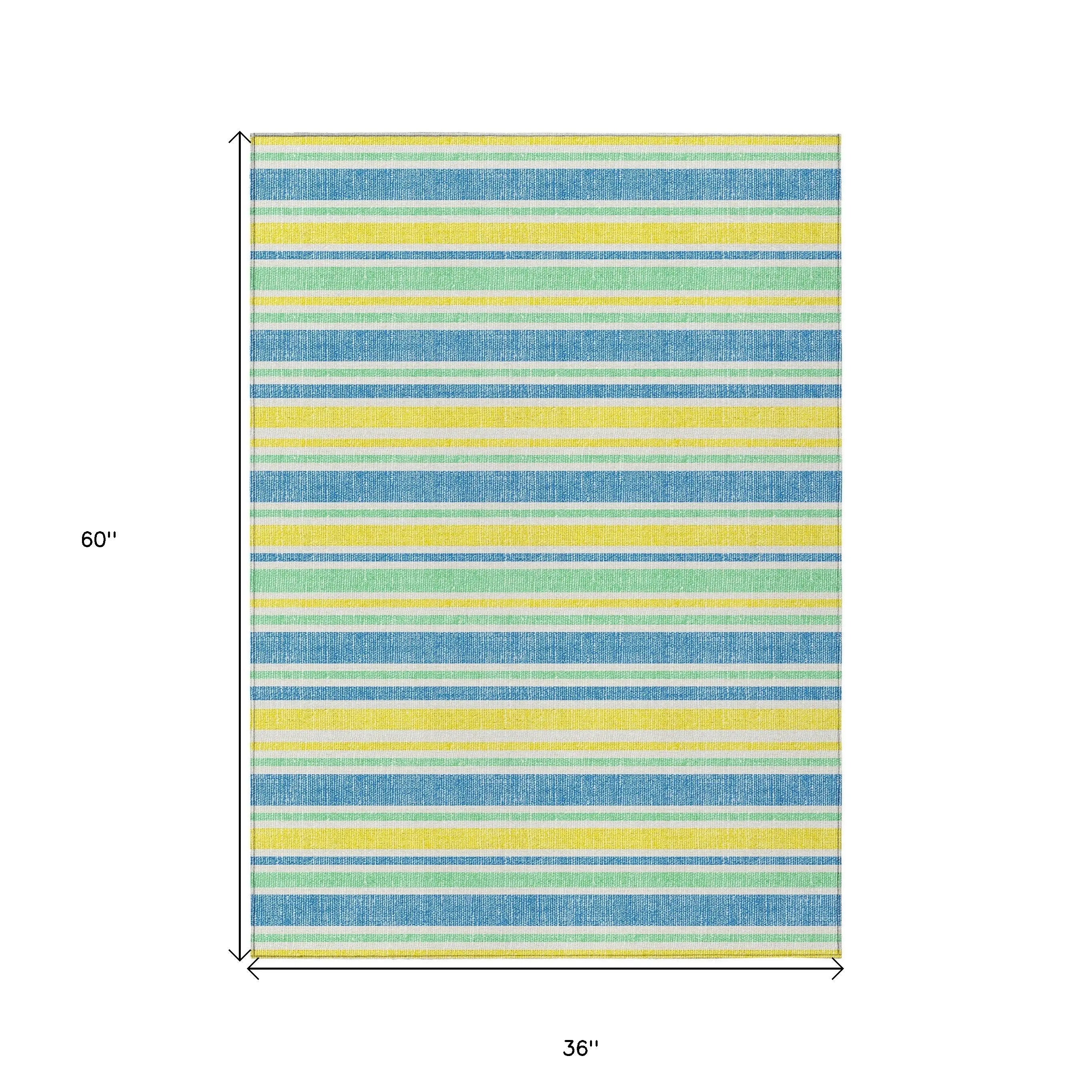 3' X 5' Blue Yellow and Green Striped Washable Non Skid Indoor Outdoor Area Rug Homeroots Outdoor