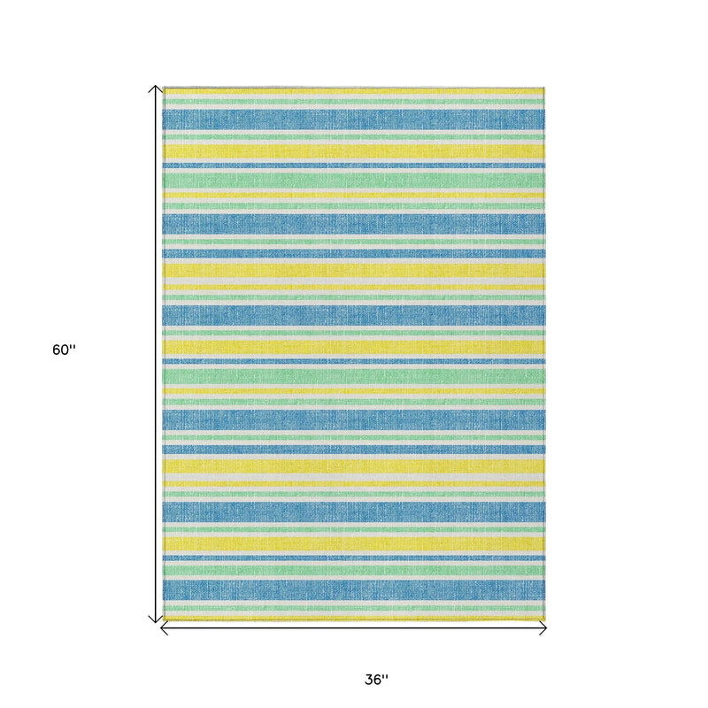 3' X 5' Blue Yellow and Green Striped Washable Non Skid Indoor Outdoor Area Rug Homeroots Outdoor