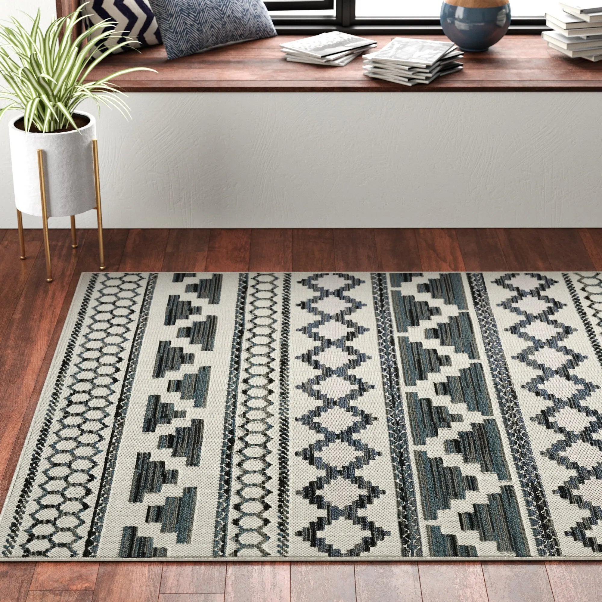 3' X 5' Blue and Beige Geometric Stain Resistant Indoor Outdoor Area Rug Homeroots Outdoor
