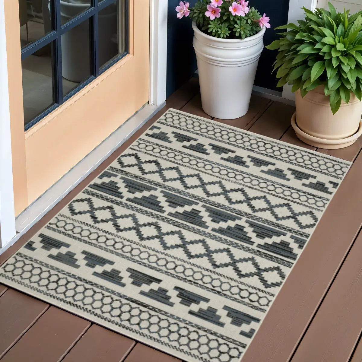 3' X 5' Blue and Beige Geometric Stain Resistant Indoor Outdoor Area Rug Homeroots Outdoor